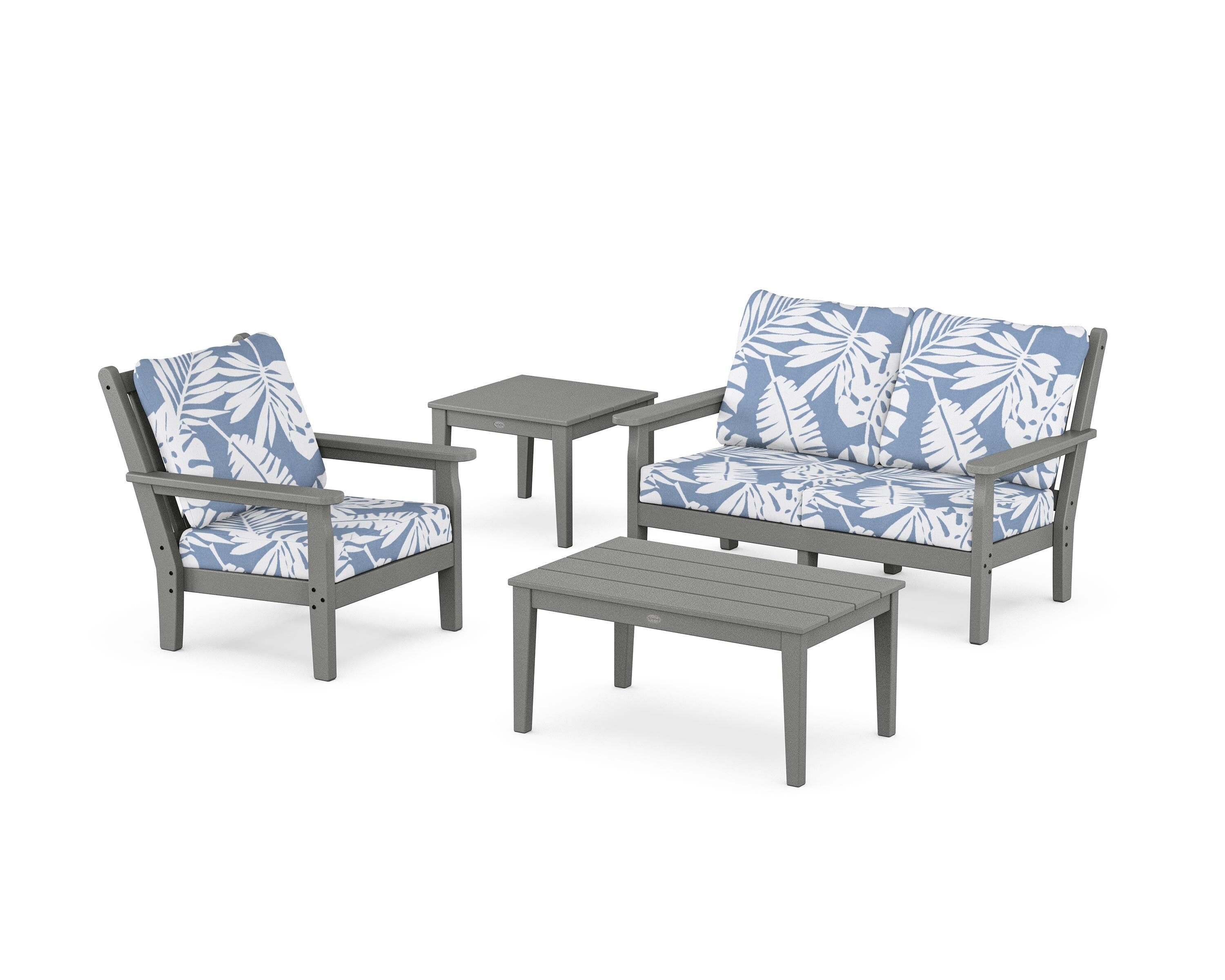 POLYWOOD Chippendale 4-Piece Deep Seating Set in Slate Grey / Leaf Sky Blue