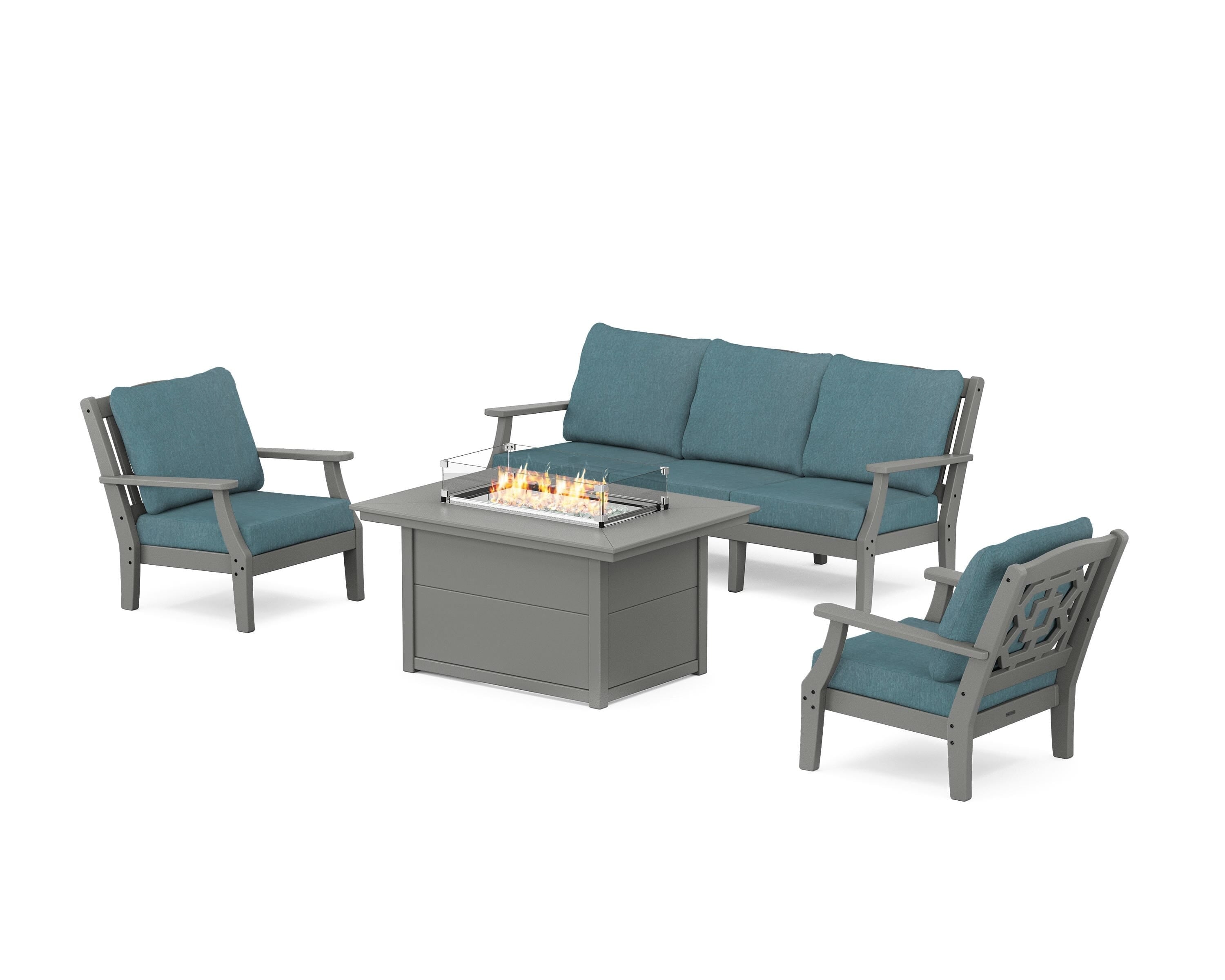 Martha Stewart by POLYWOOD Chinoiserie Deep Seating Fire Pit Table Set in Slate Grey / Ocean Teal