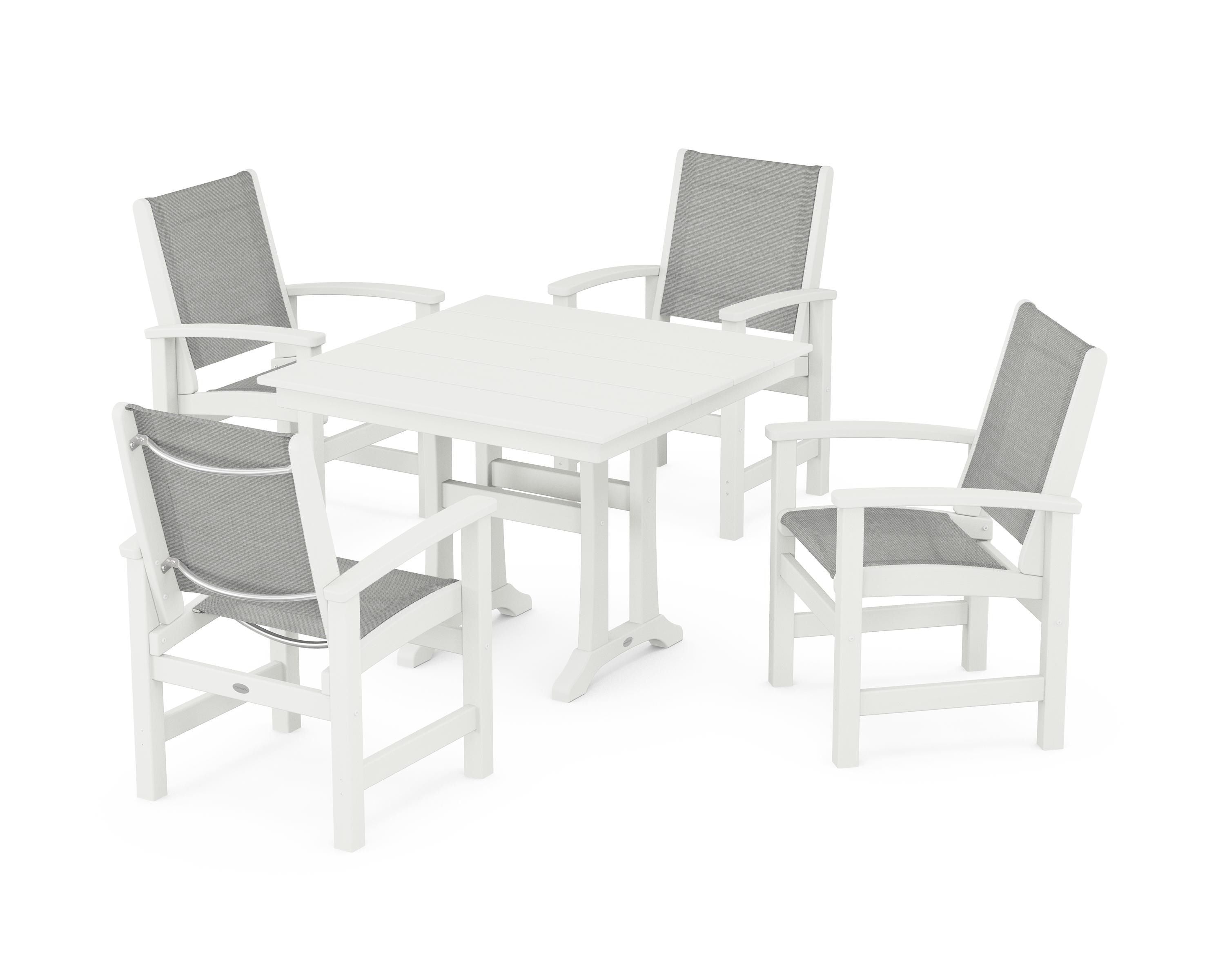 POLYWOOD Coastal 5-Piece Farmhouse Dining Set With Trestle Legs in Vintage White / Metallic Sling