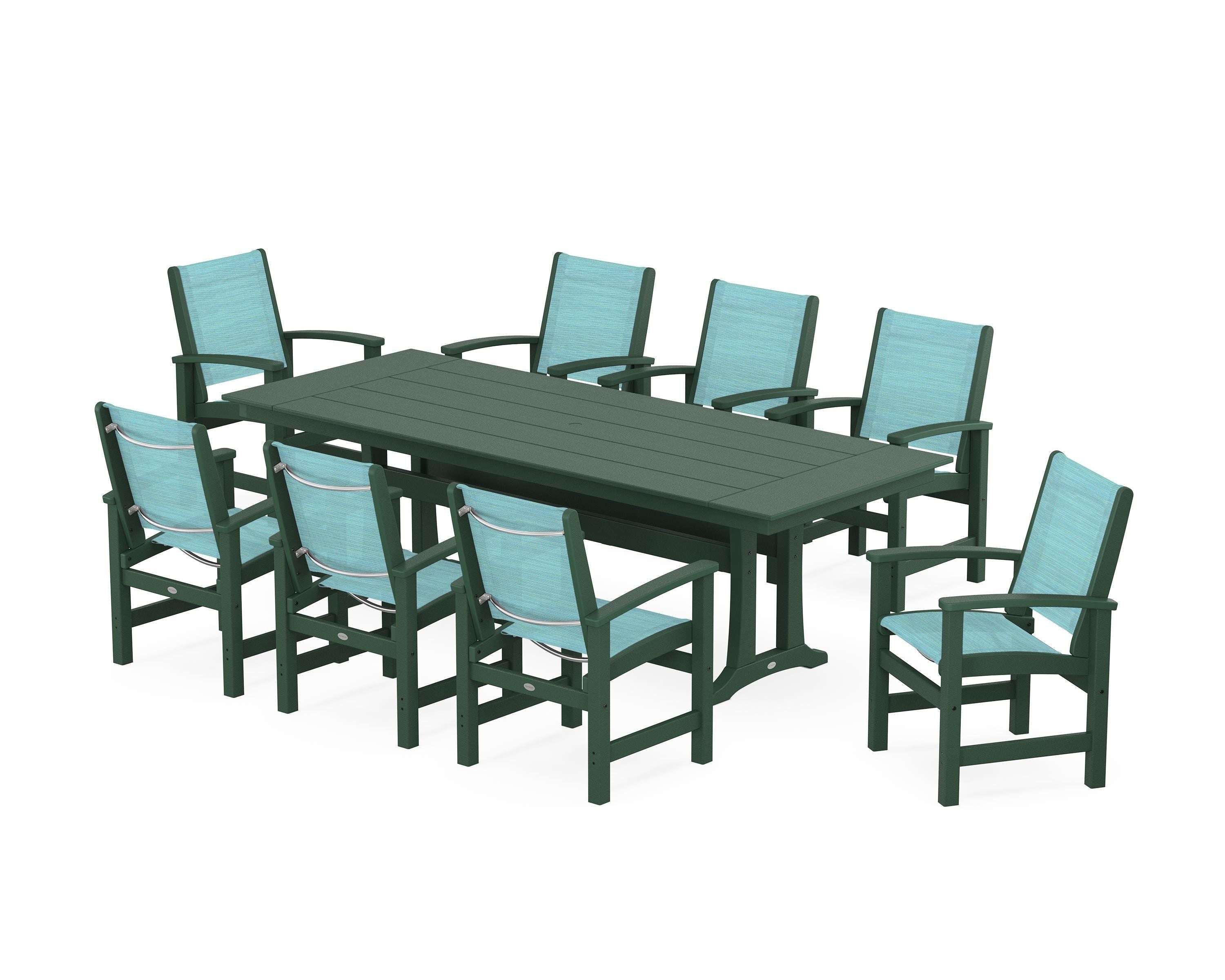 POLYWOOD Coastal 9-Piece Farmhouse Dining Set with Trestle Legs in Green / Dupioni Aquamarine Sling