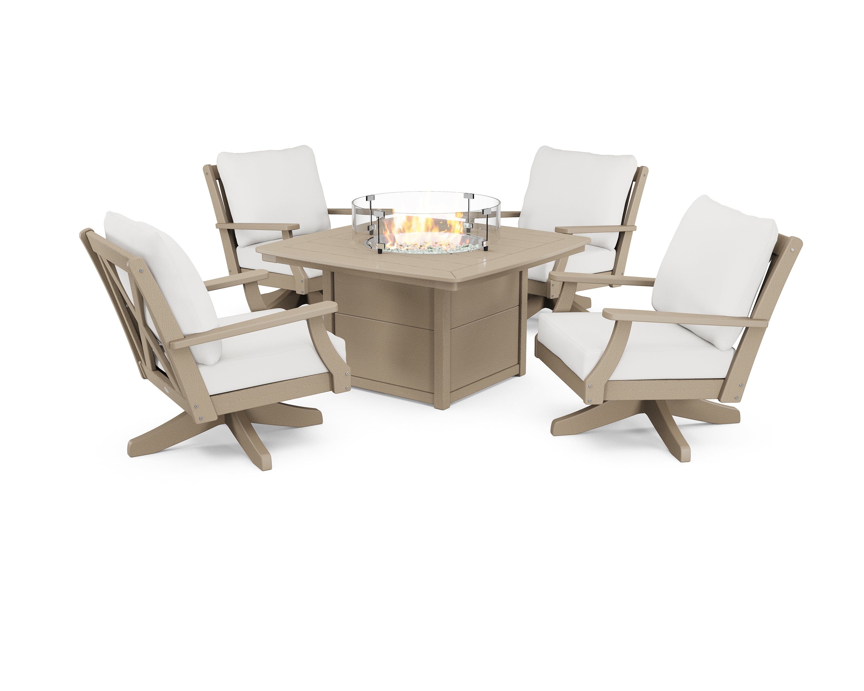 POLYWOOD Braxton 5-Piece Deep Seating Swivel Conversation Set with Fire Pit Table in Vintage Sahara / Natural Linen