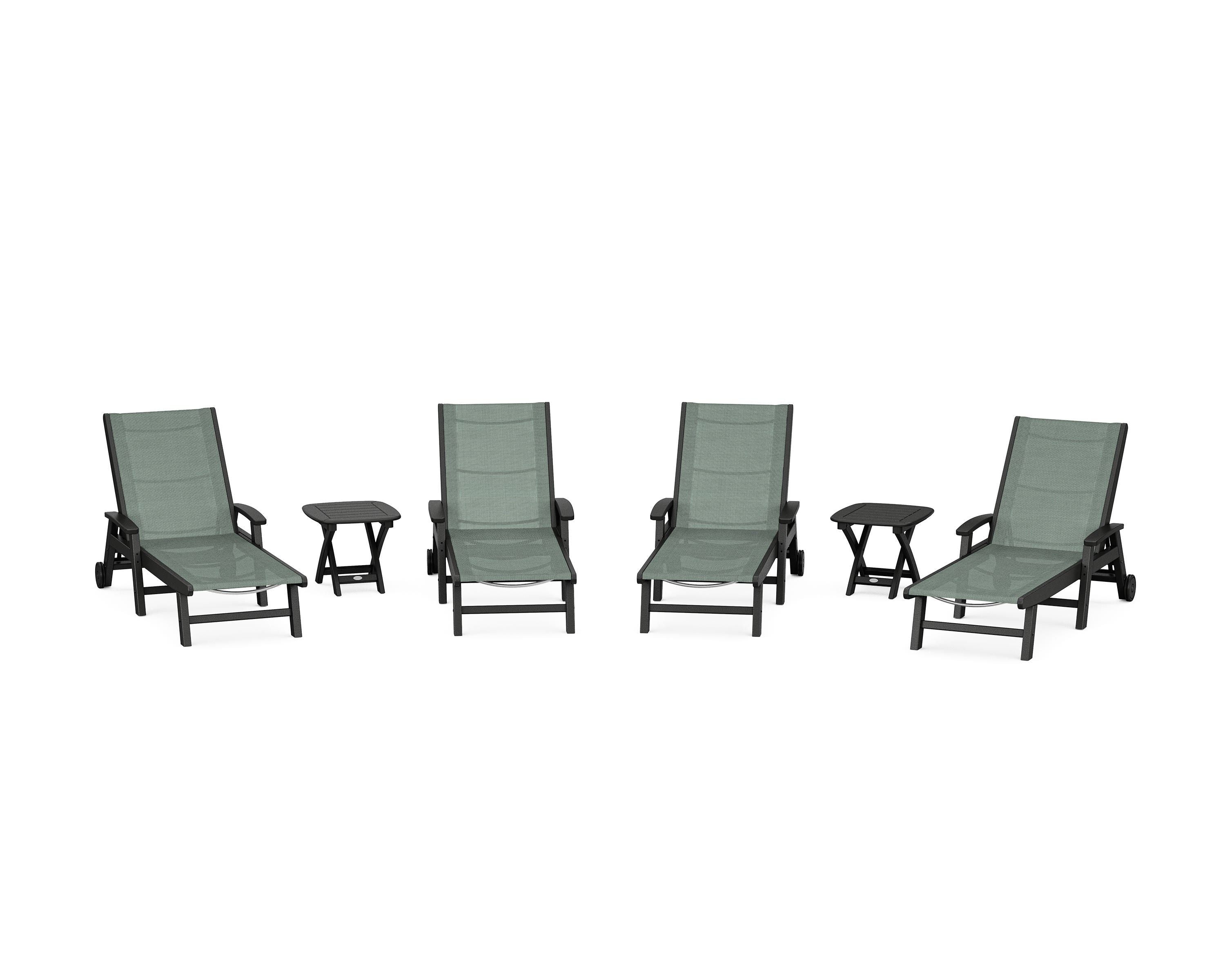 POLYWOOD Coastal Chaise 6-Piece Set with Wheels in Black / Dupioni Sea Mist Sling