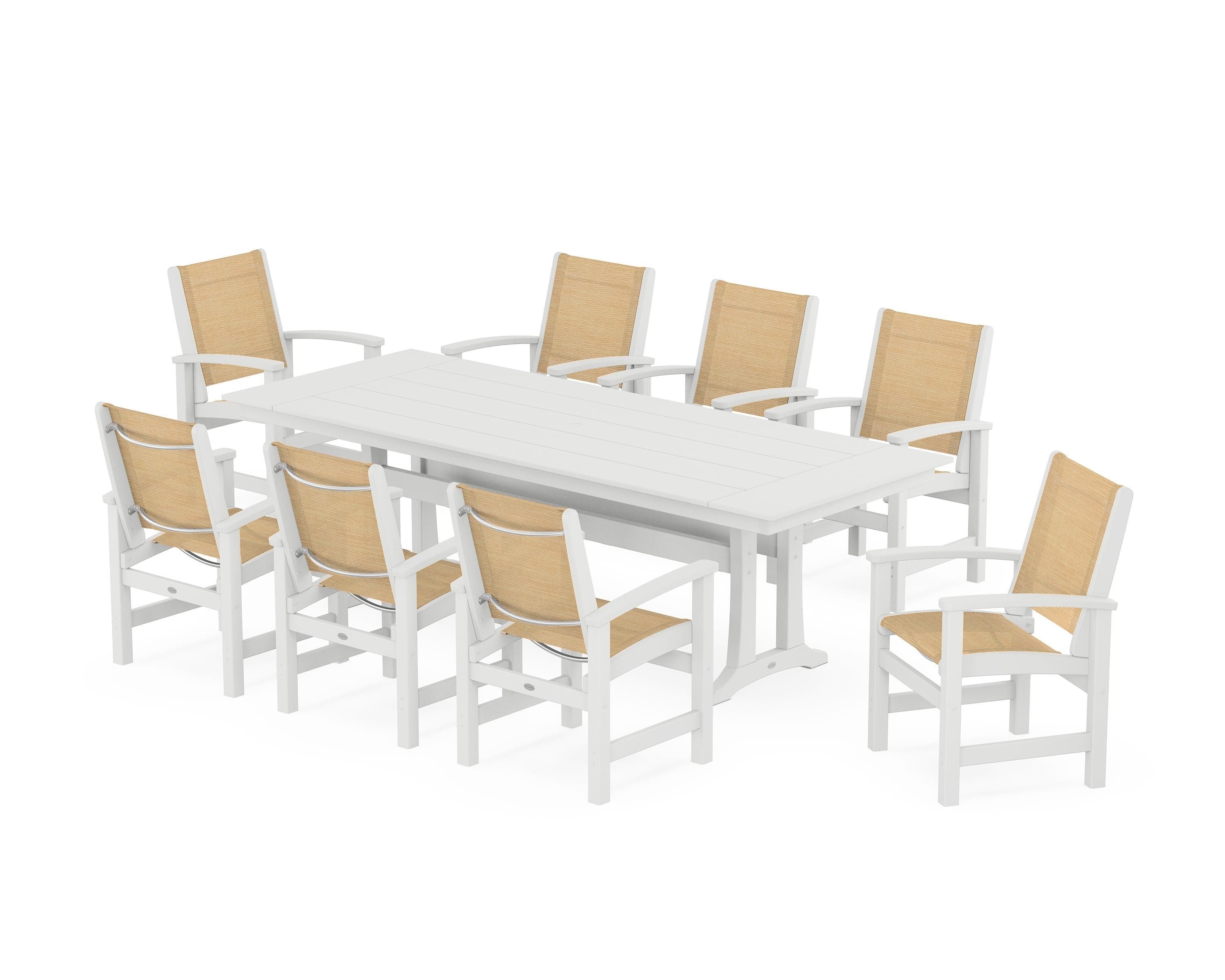 POLYWOOD Coastal 9-Piece Farmhouse Dining Set with Trestle Legs in White / Dupioni Apricot Sling