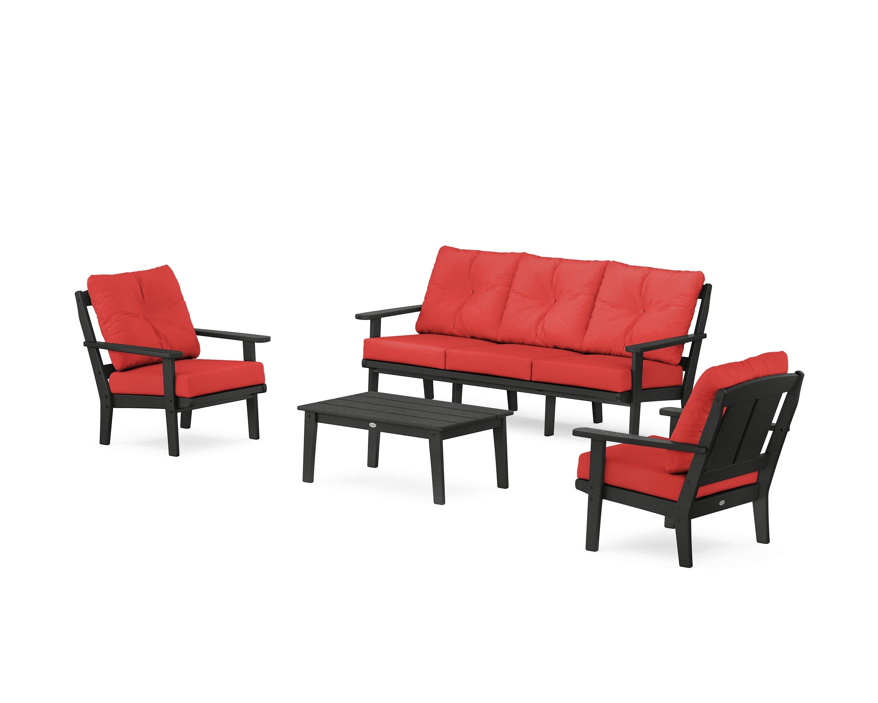 POLYWOOD Mission 4-Piece Deep Seating Set with Sofa in Black / Crimson Linen