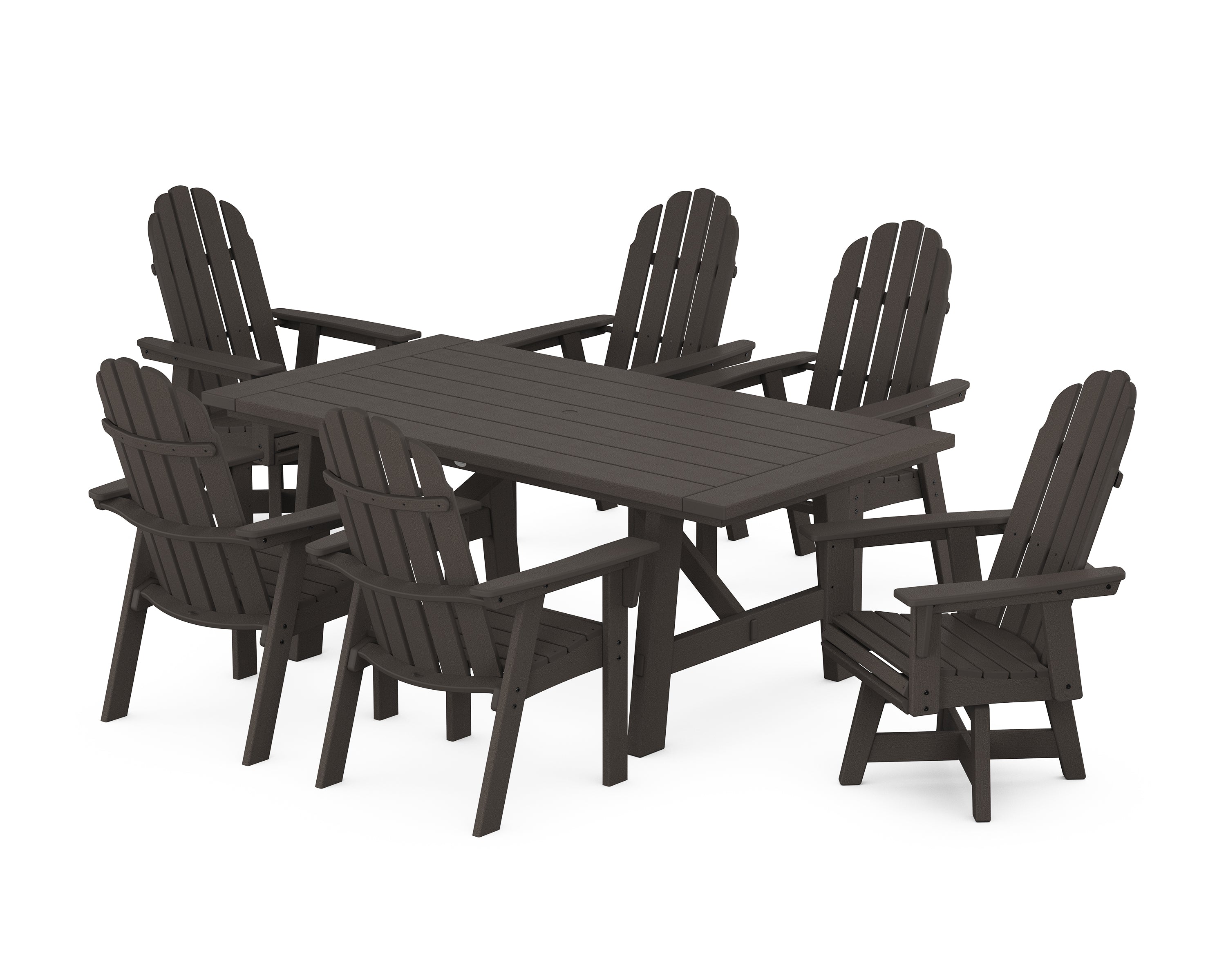 POLYWOOD® Vineyard Curveback Adirondack Swivel Chair 7-Piece Rustic Farmhouse Dining Set in Vintage Coffee