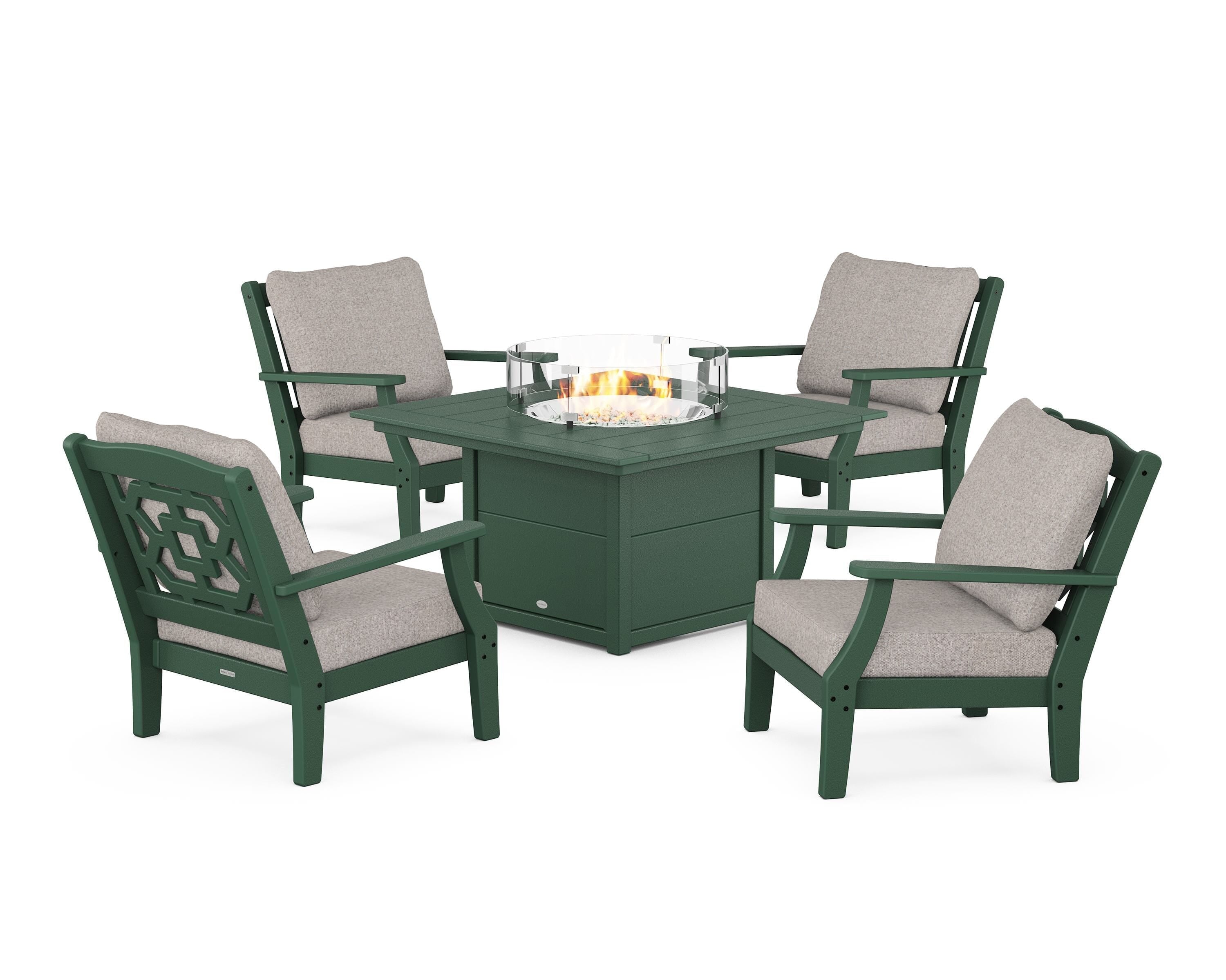 Martha Stewart by POLYWOOD Chinoiserie 5-Piece Deep Seating Set with Fire Pit Table in Green / Weathered Tweed
