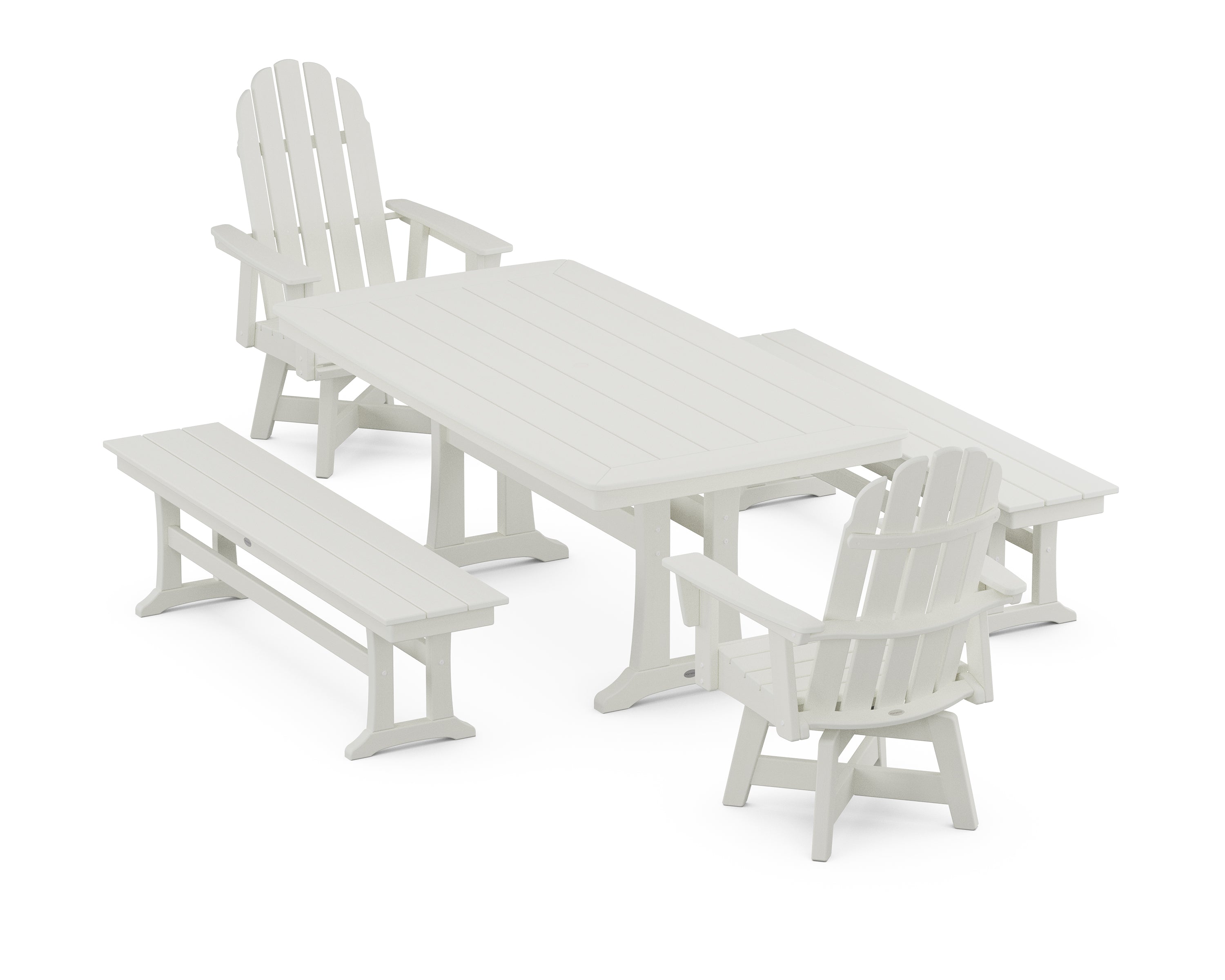POLYWOOD® Vineyard Adirondack Swivel Chair 5-Piece Dining Set with Trestle Legs and Benches in Vintage White