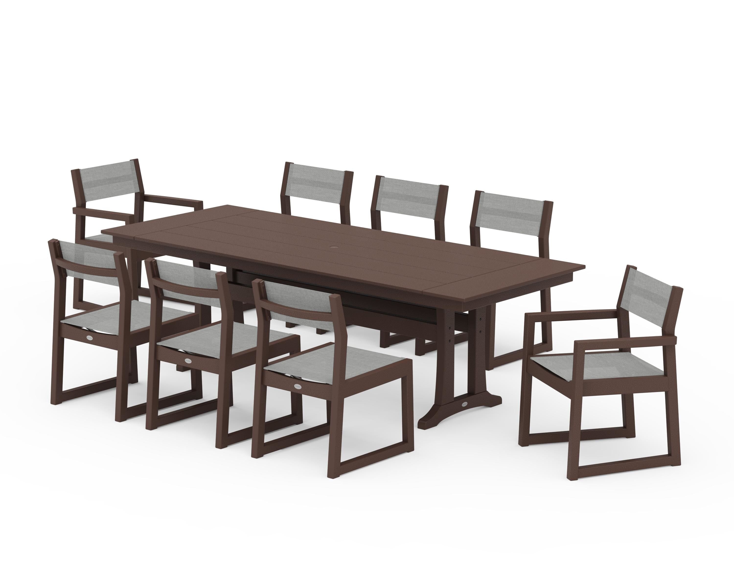 POLYWOOD EDGE Sling 9-Piece Farmhouse Trestle Dining Set in Mahogany / Metallic Sling