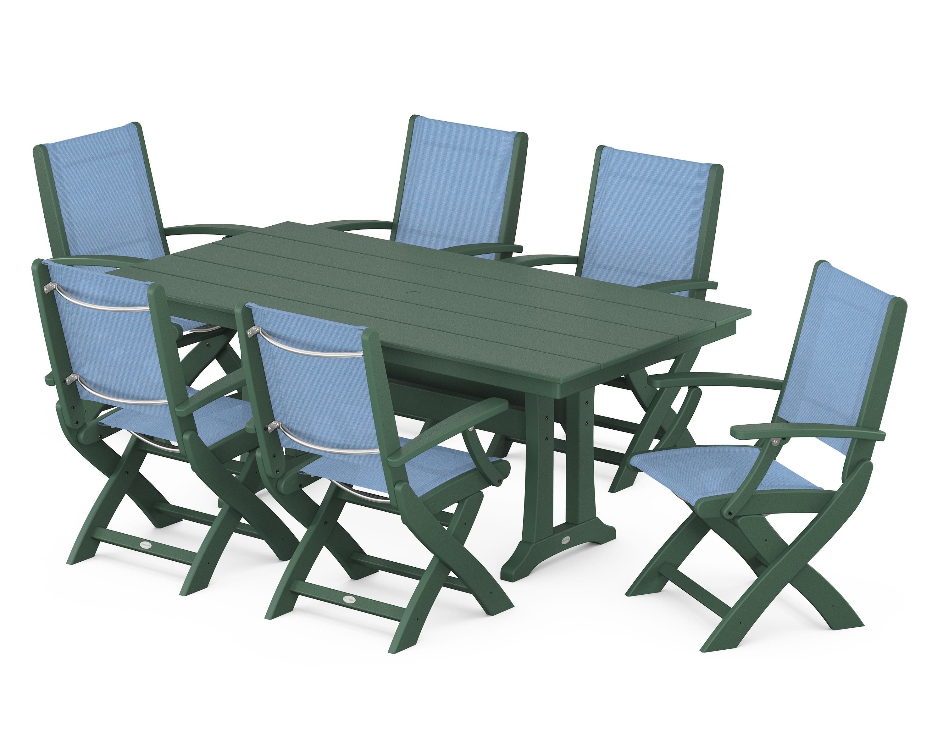 POLYWOOD Coastal Folding Arm Chair 7-Piece Farmhouse Dining Set with Trestle Legs in Green / Poolside Sling