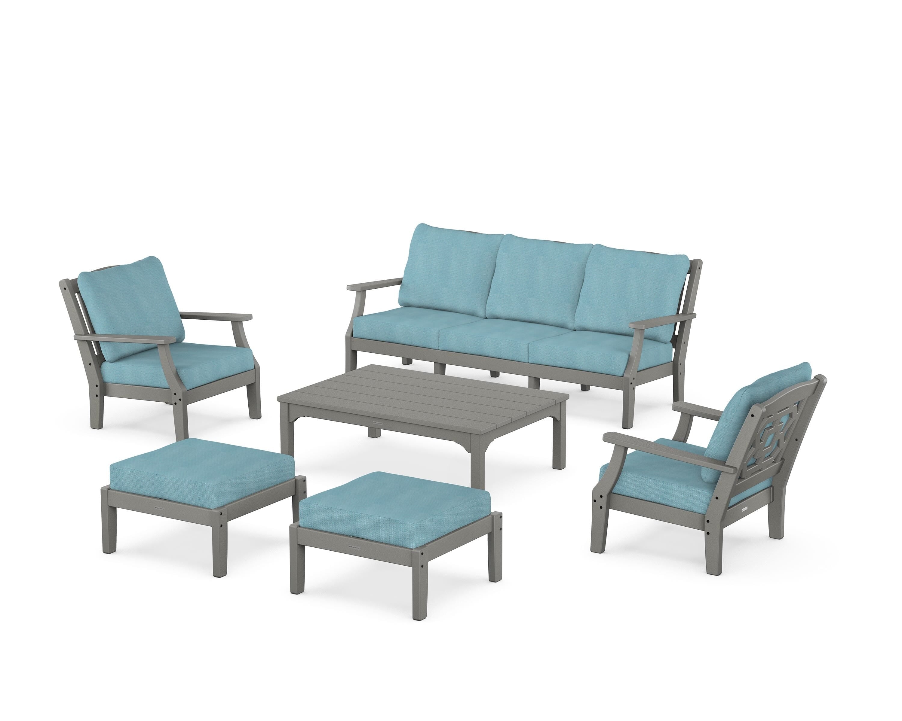 Martha Stewart by POLYWOOD Chinoiserie 6-Piece Lounge Sofa Set in Slate Grey / Lattice Sky Blue