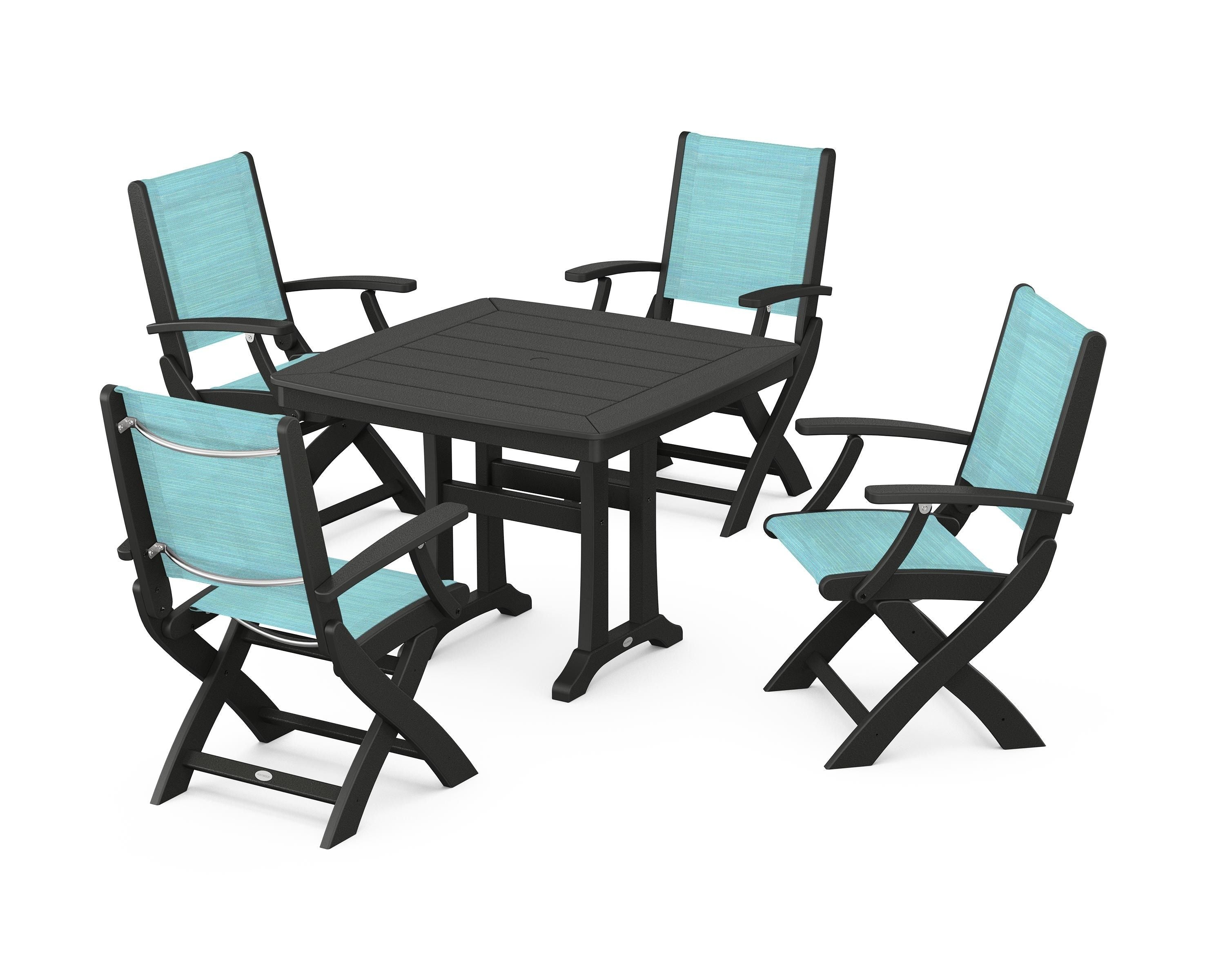 POLYWOOD Coastal Folding Chair 5-Piece Dining Set with Trestle Legs in Black / Dupioni Aquamarine Sling