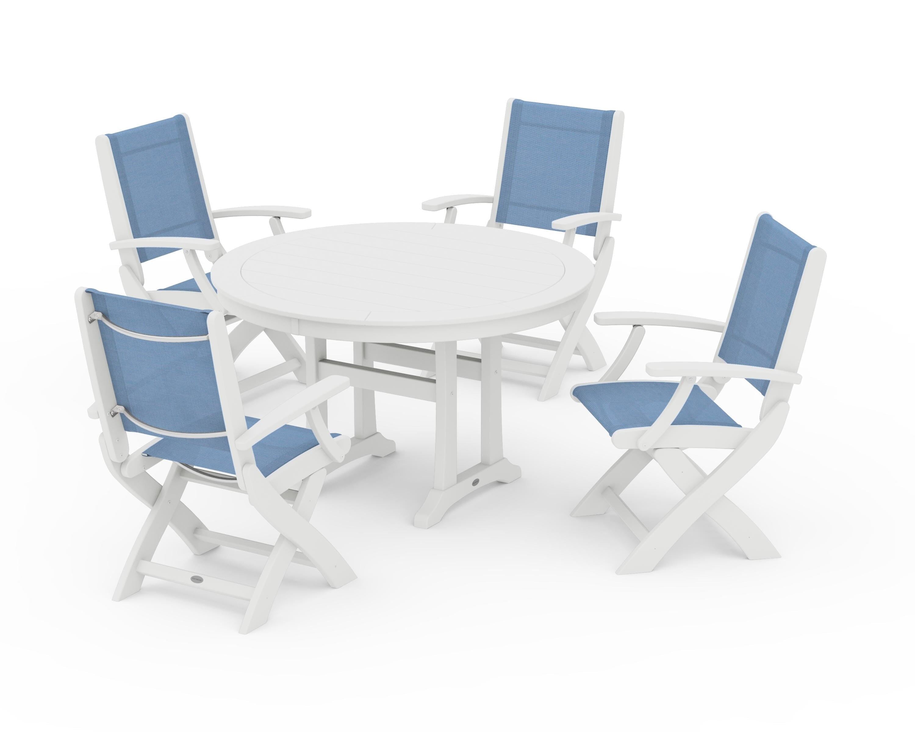 POLYWOOD Coastal Folding Chair 5-Piece Round Dining Set with Trestle Legs in White / Poolside Sling