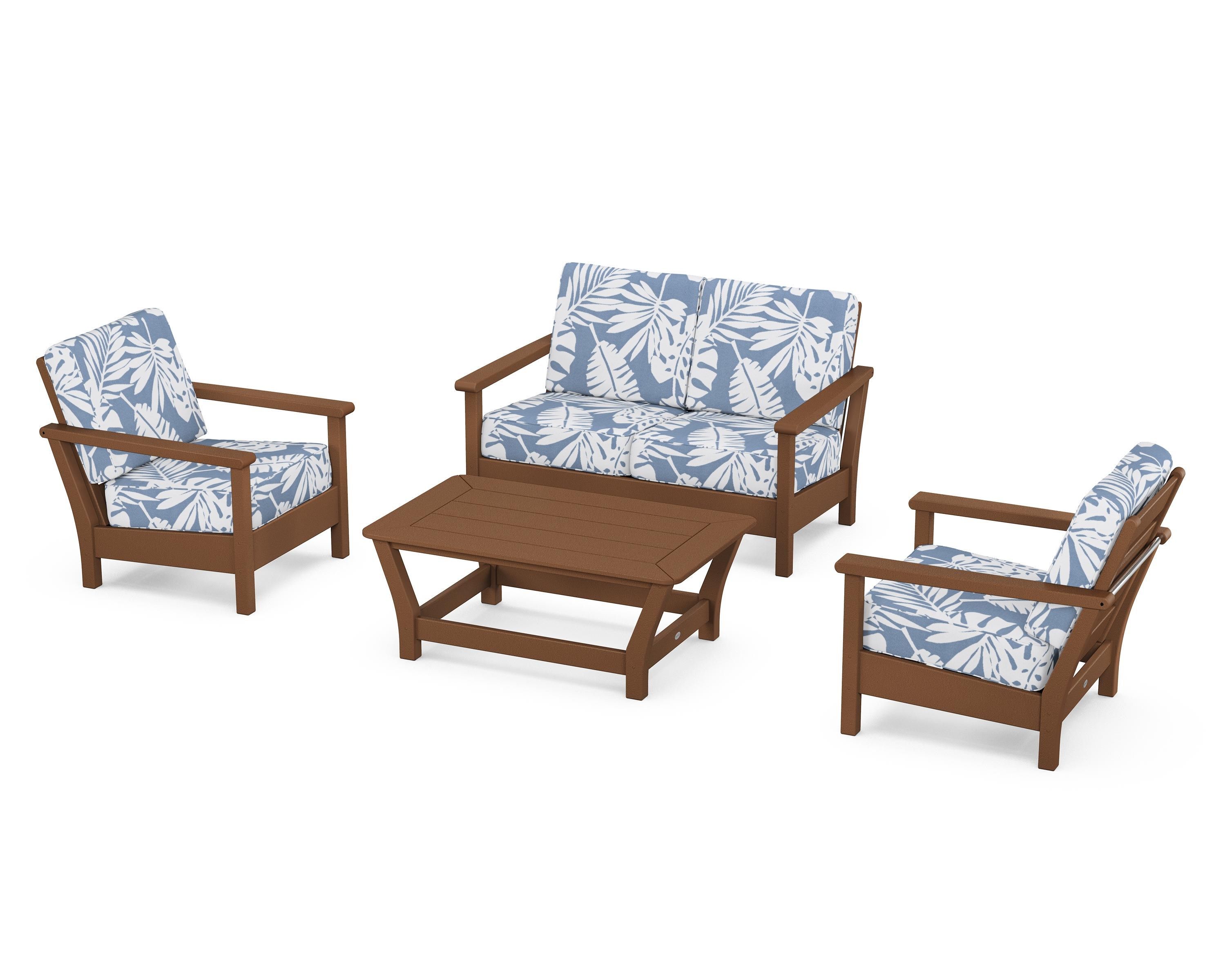 POLYWOOD Harbour 4-Piece Deep Seating Set in Teak / Leaf Sky Blue