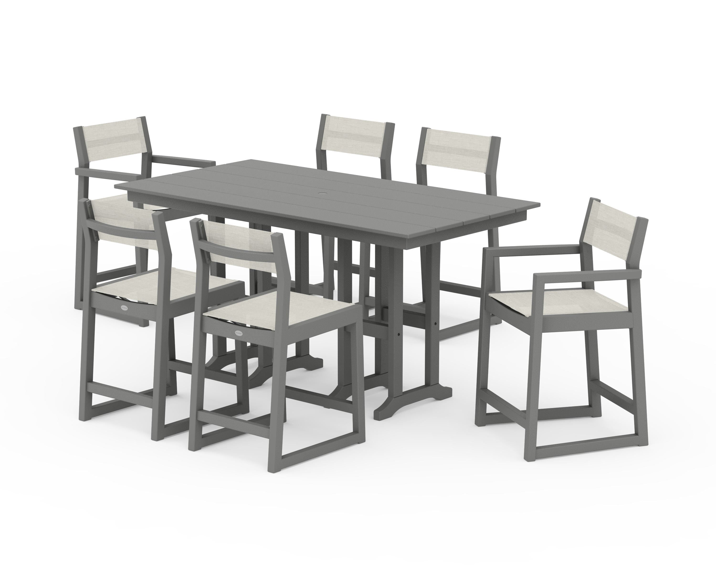 POLYWOOD EDGE Sling 7-Piece Farmhouse Counter Set with Trestle Legs in Slate Grey / Parchment Sling