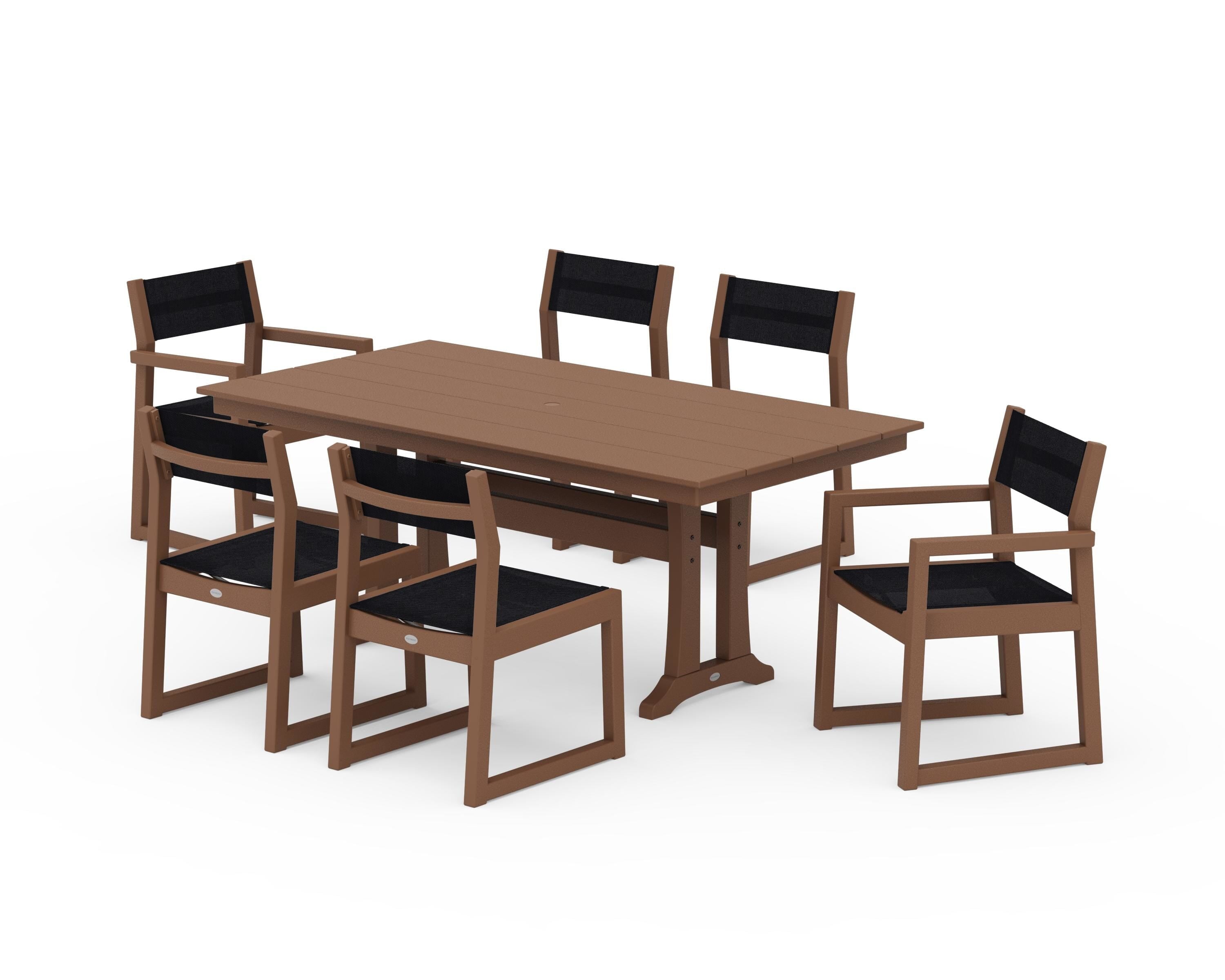POLYWOOD EDGE Sling 7-Piece Farmhouse Trestle Dining Set in Teak / Black Sling