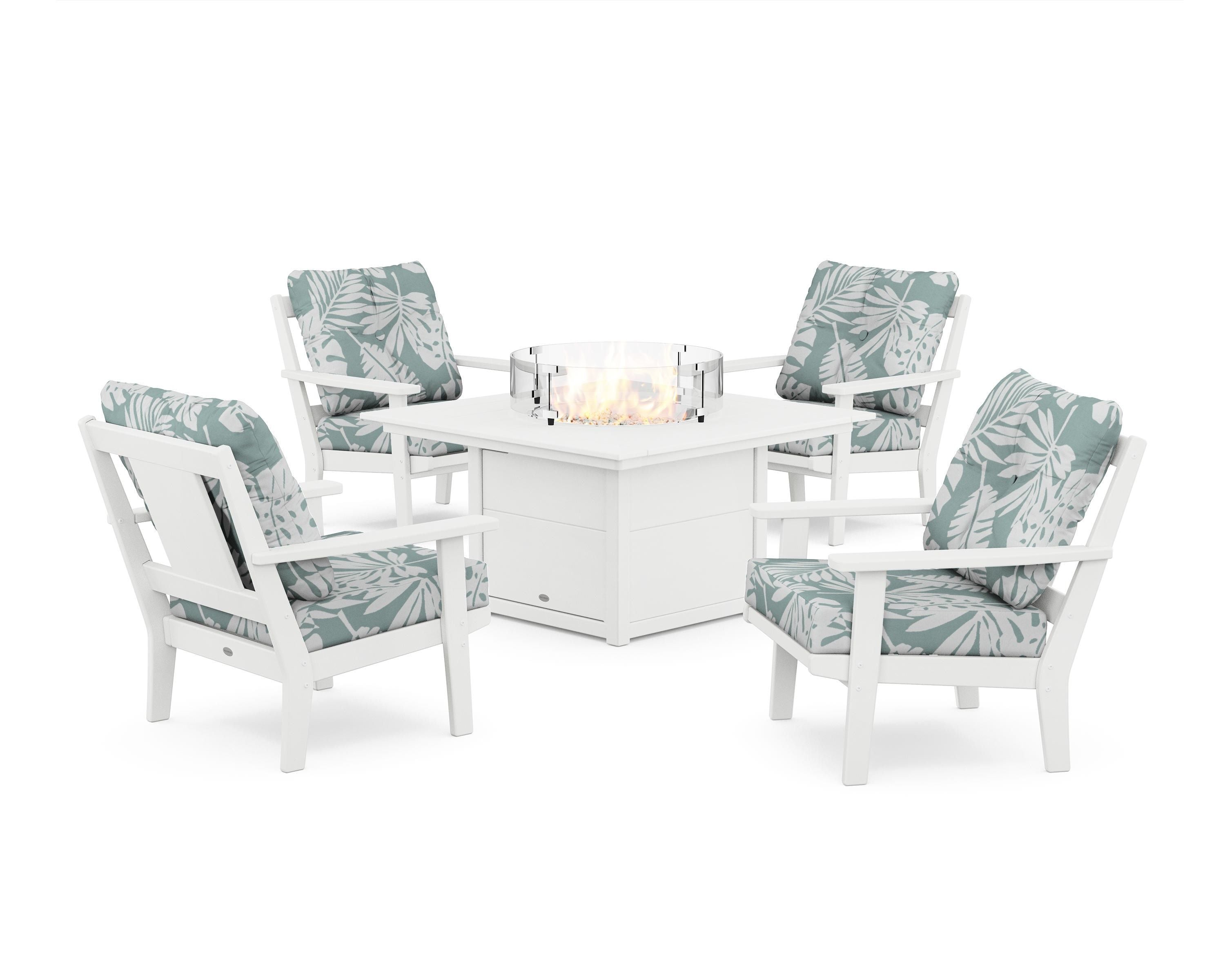 POLYWOOD Prairie 5-Piece Deep Seating Set with Fire Pit Table in White / Leaf Glacier Spa