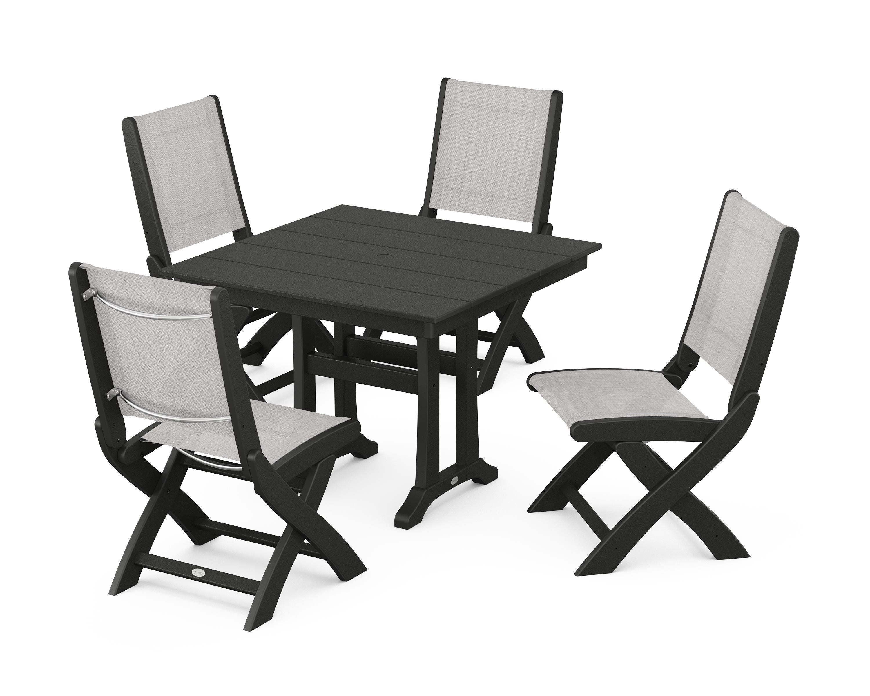 POLYWOOD Coastal Folding Side Chair 5-Piece Farmhouse Dining Set With Trestle Legs in Black / Parchment Sling