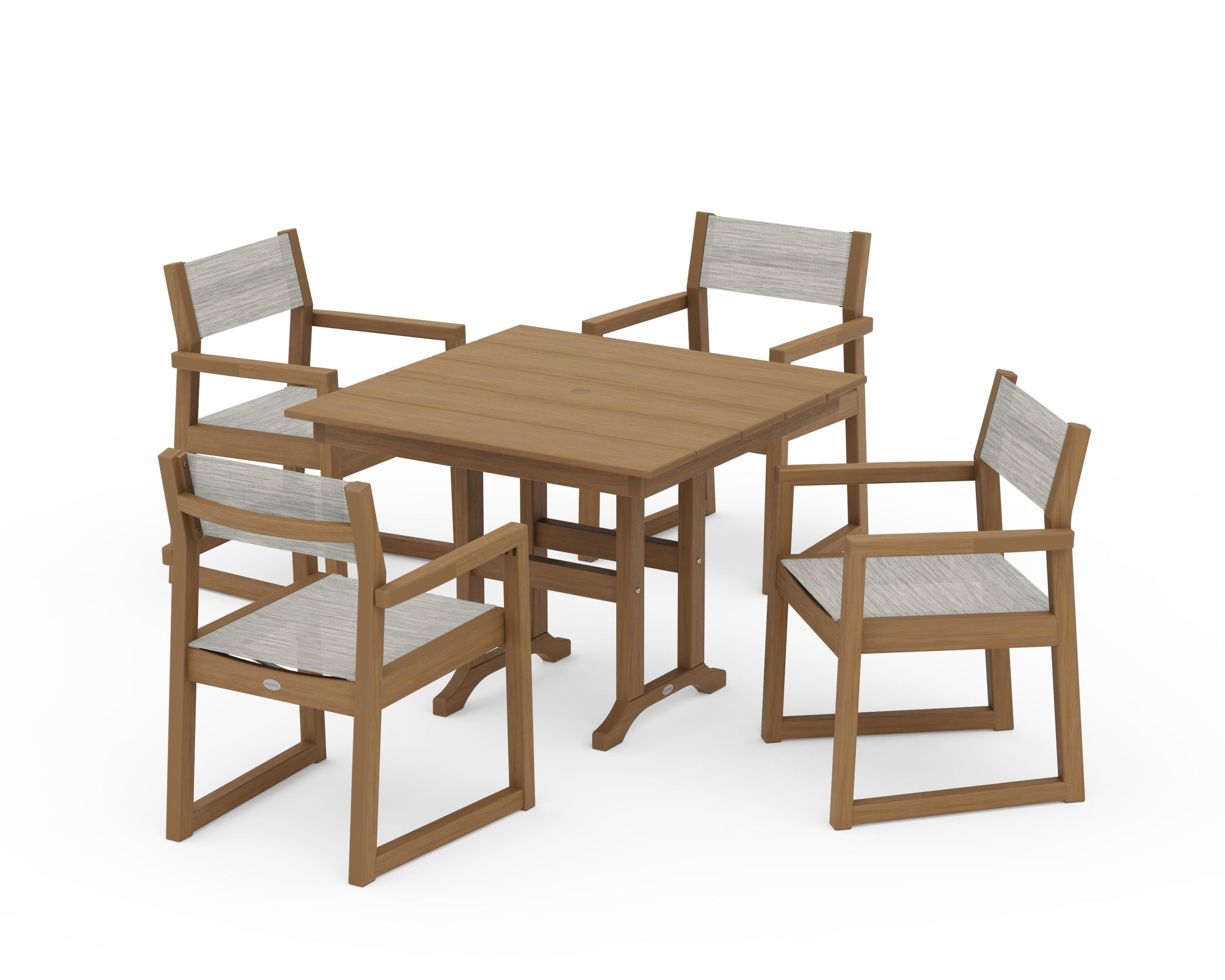 POLYWOOD EDGE Sling Arm Chair 5-Piece Farmhouse Dining Set in Natural / Birch Sling