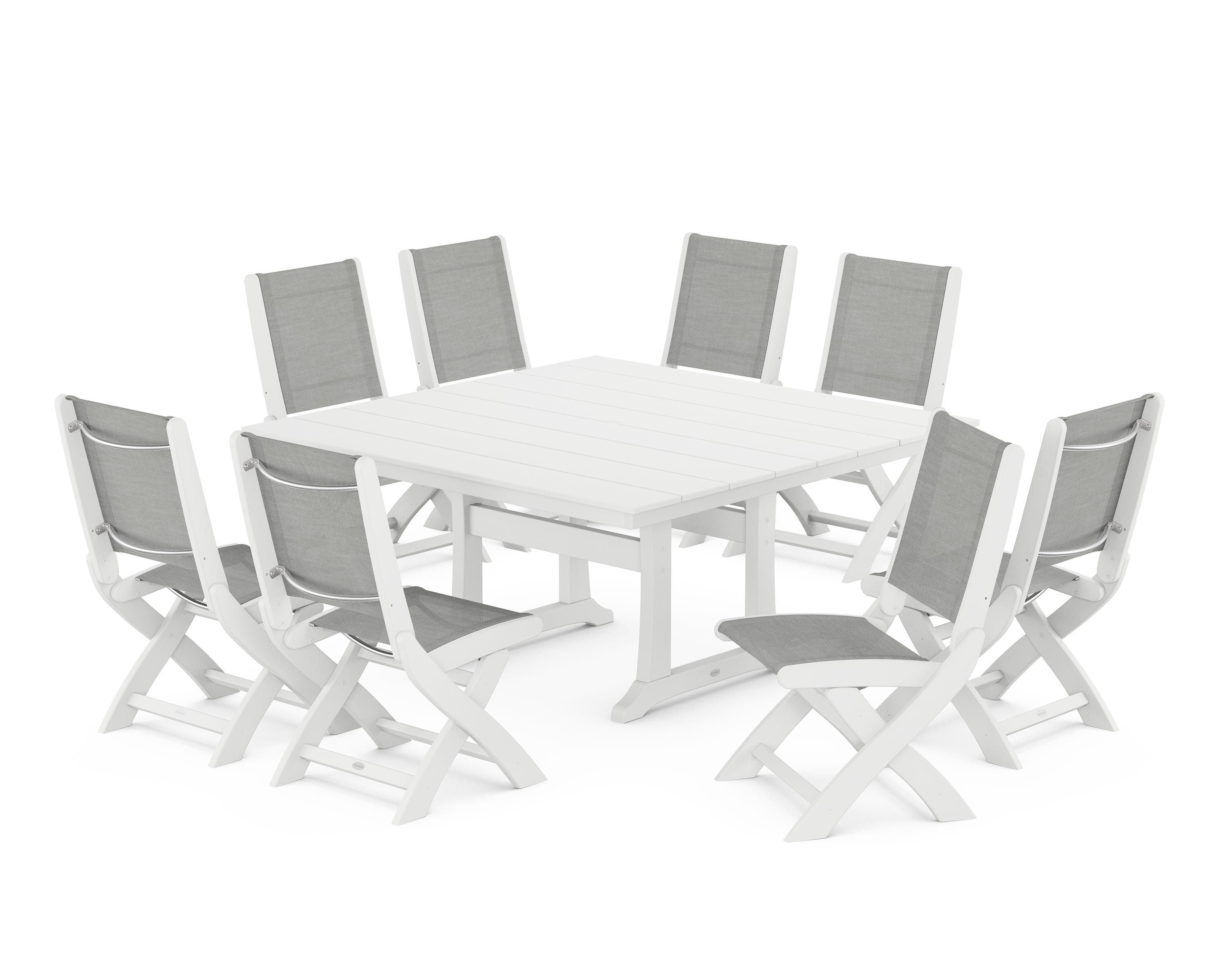 POLYWOOD Coastal Folding Side Chair 9-Piece Farmhouse Dining Set in White / Metallic Sling
