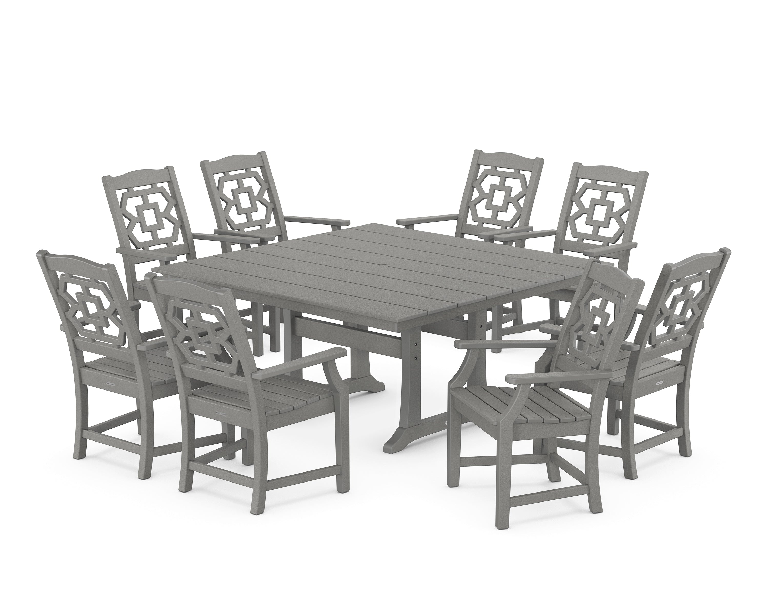 Martha Stewart by POLYWOOD® Chinoiserie 9-Piece Square Farmhouse Dining Set with Trestle Legs in Slate Grey