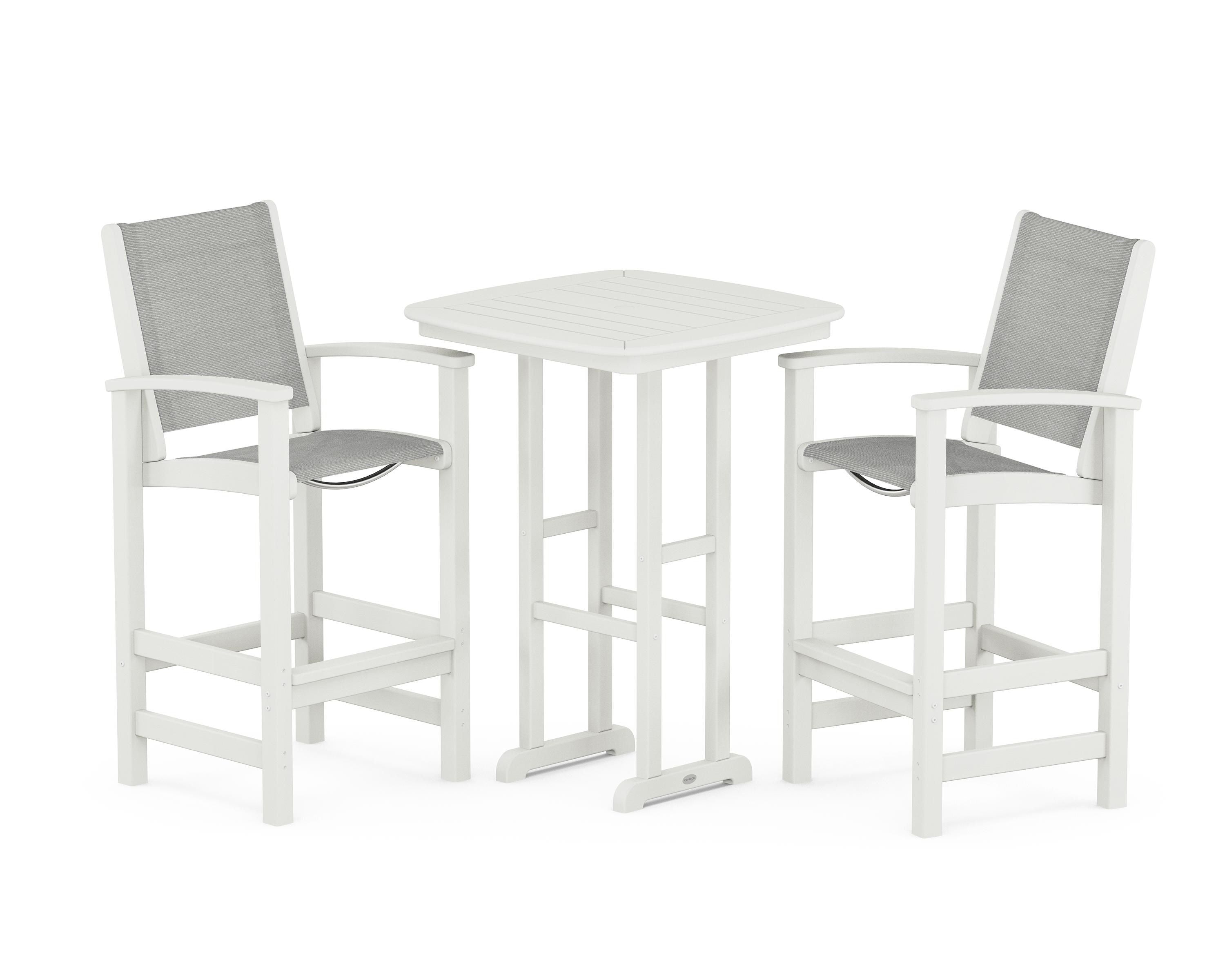 POLYWOOD Coastal 3-Piece Bar Set in Vintage White / Metallic Sling