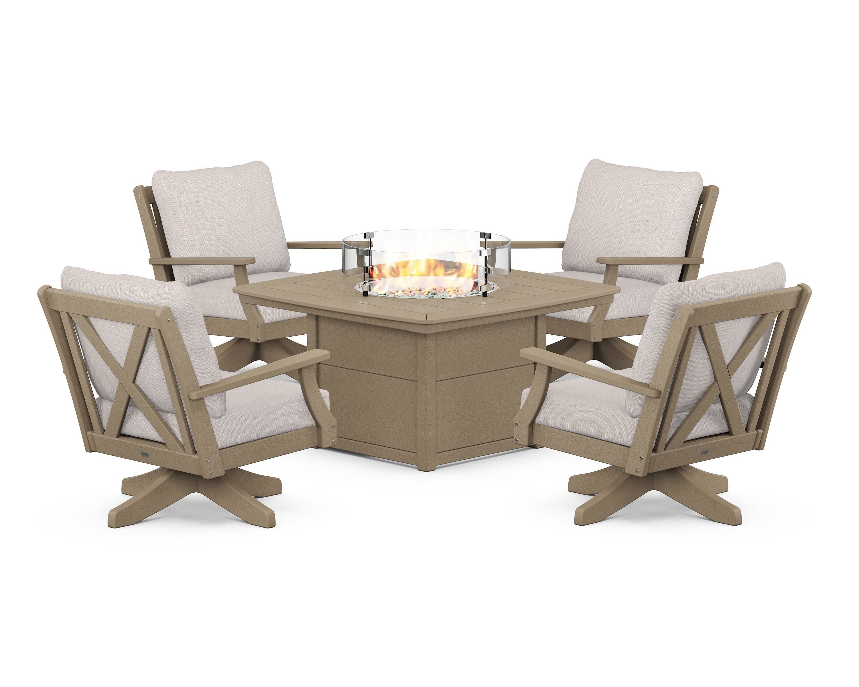 POLYWOOD Braxton 5-Piece Deep Seating Swivel Conversation Set with Fire Pit Table in Vintage Sahara / Dune Burlap