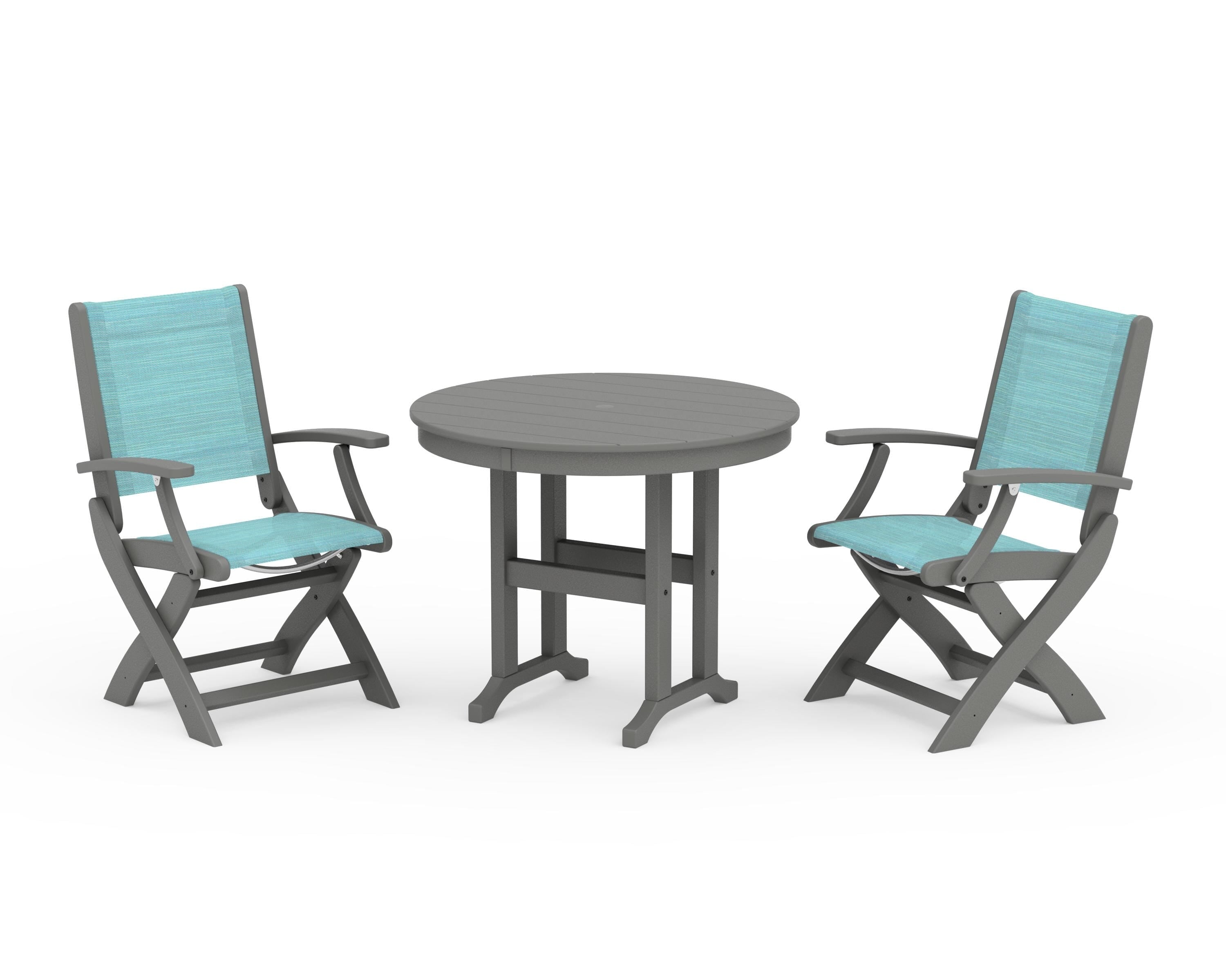 POLYWOOD Coastal Folding Chair 3-Piece Round Dining Set in Slate Grey / Dupioni Aquamarine Sling