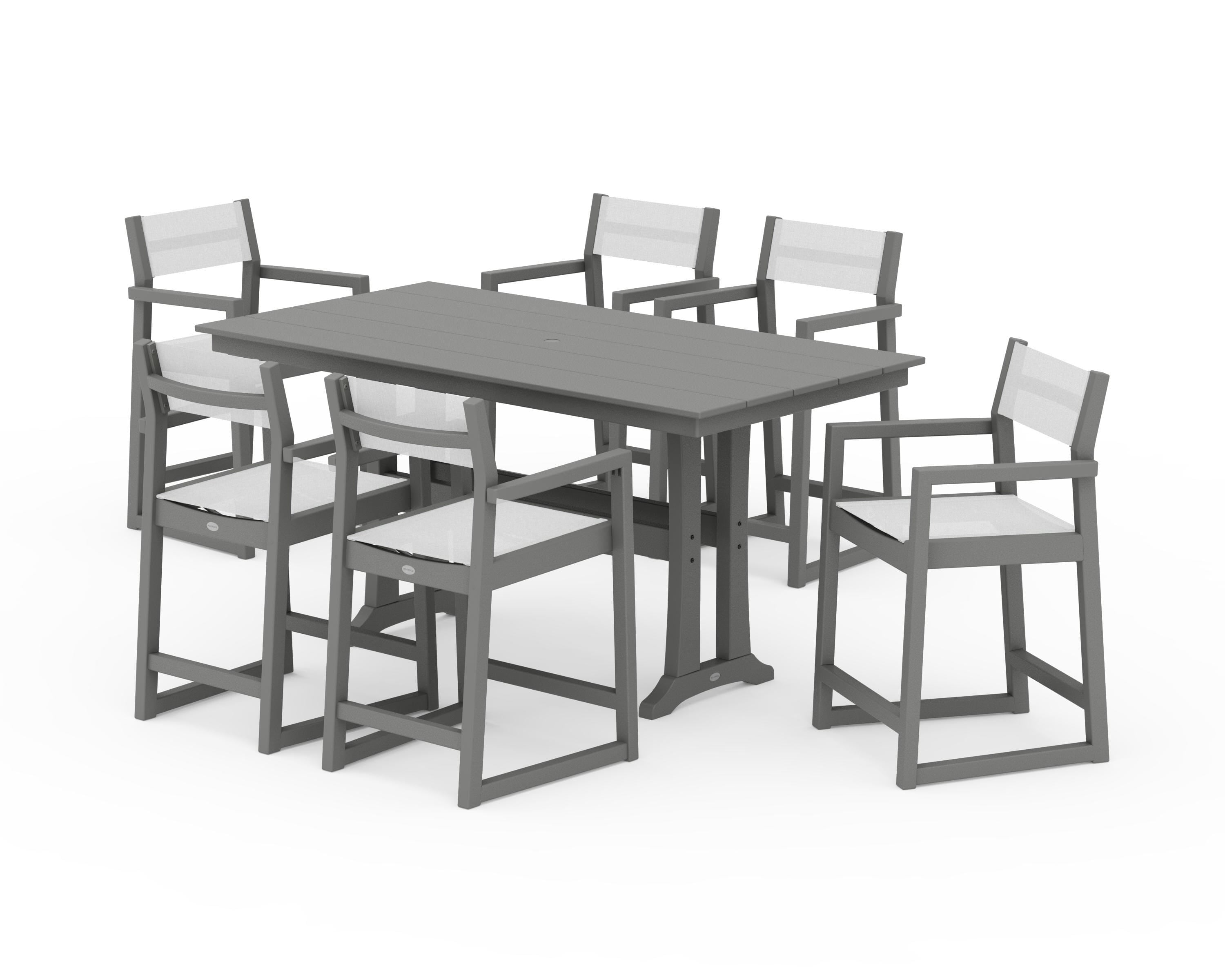 POLYWOOD EDGE Sling Arm Chair 7-Piece Farmhouse Counter Set with Trestle Legs in Slate Grey / White Sling