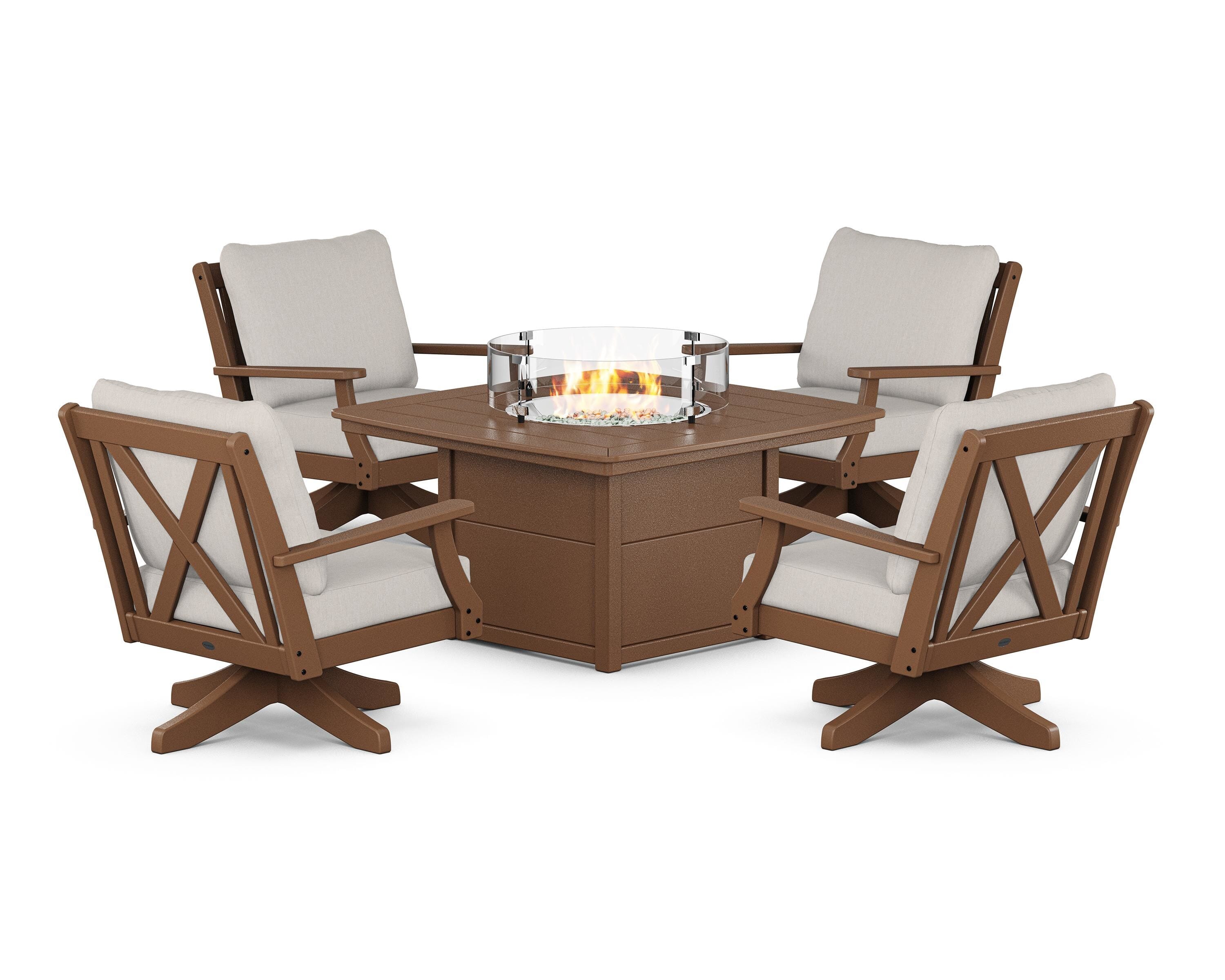 POLYWOOD Braxton 5-Piece Deep Seating Swivel Conversation Set with Fire Pit Table in Teak / Cast Ash