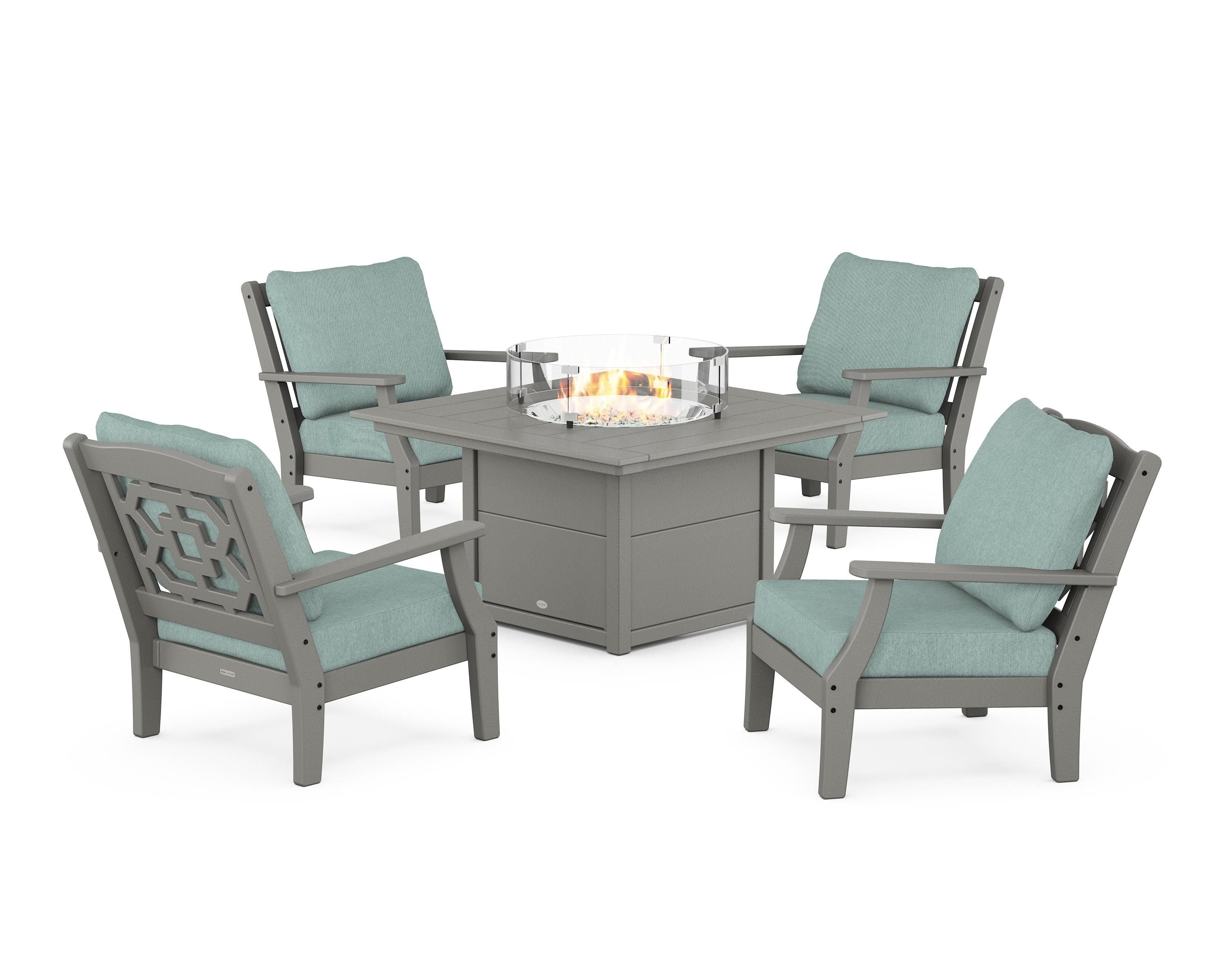 Martha Stewart by POLYWOOD Chinoiserie 5-Piece Deep Seating Set with Fire Pit Table in Slate Grey / Glacier Spa