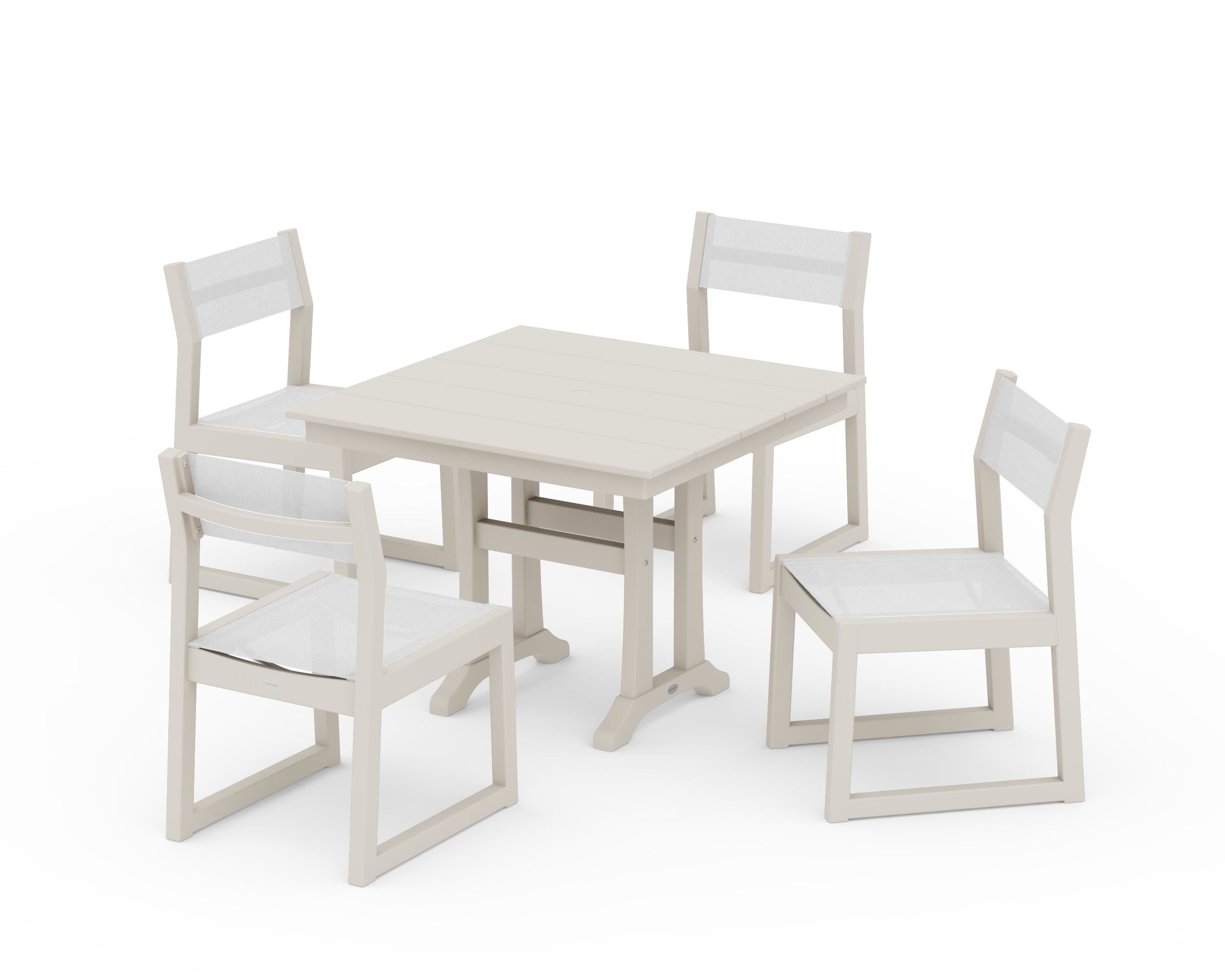 POLYWOOD EDGE Sling 5-Piece Farmhouse Trestle Side Chair Dining Set in Sand / White Sling