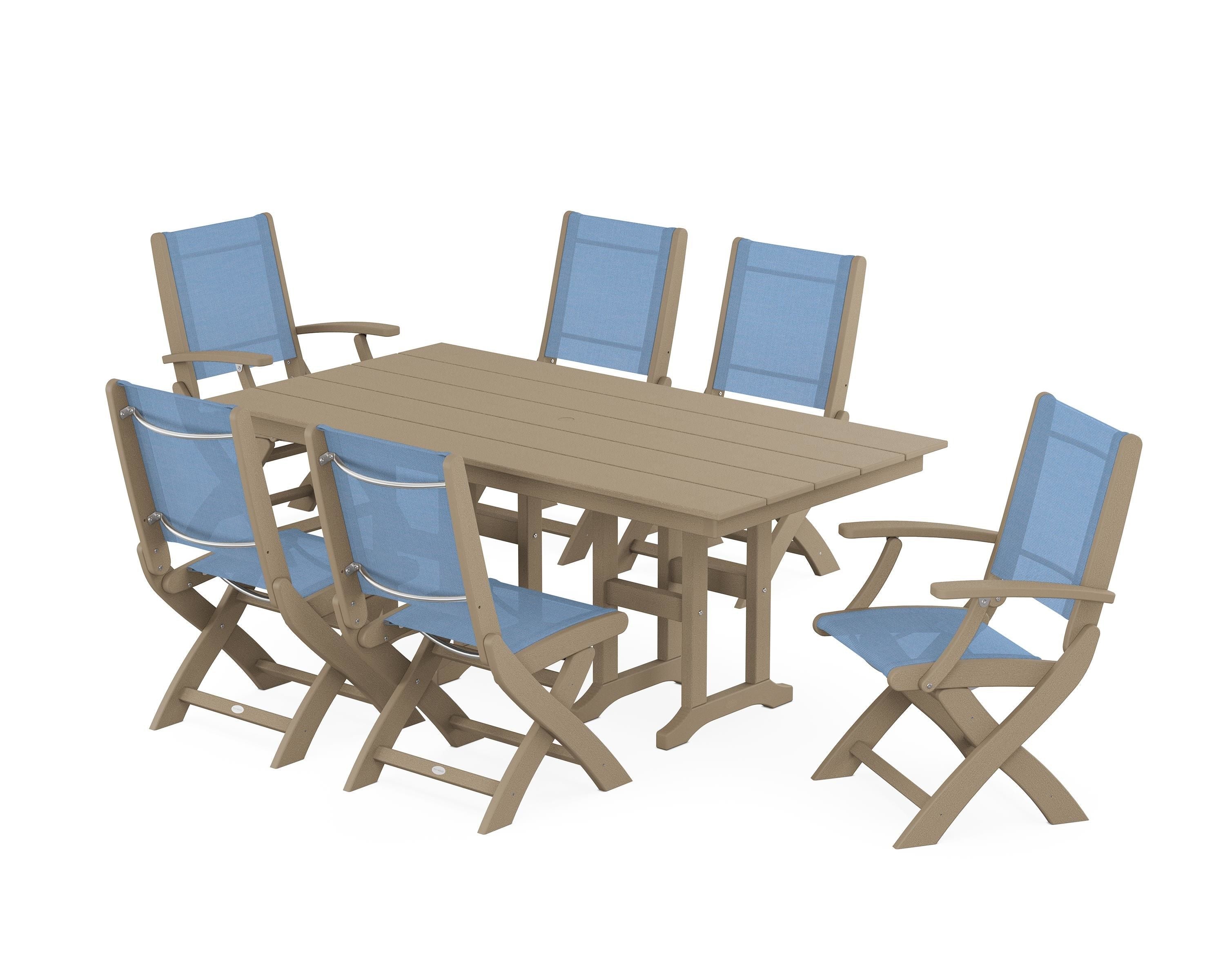 POLYWOOD Coastal Folding Chair 7-Piece Farmhouse Dining Set in Vintage Sahara / Poolside Sling