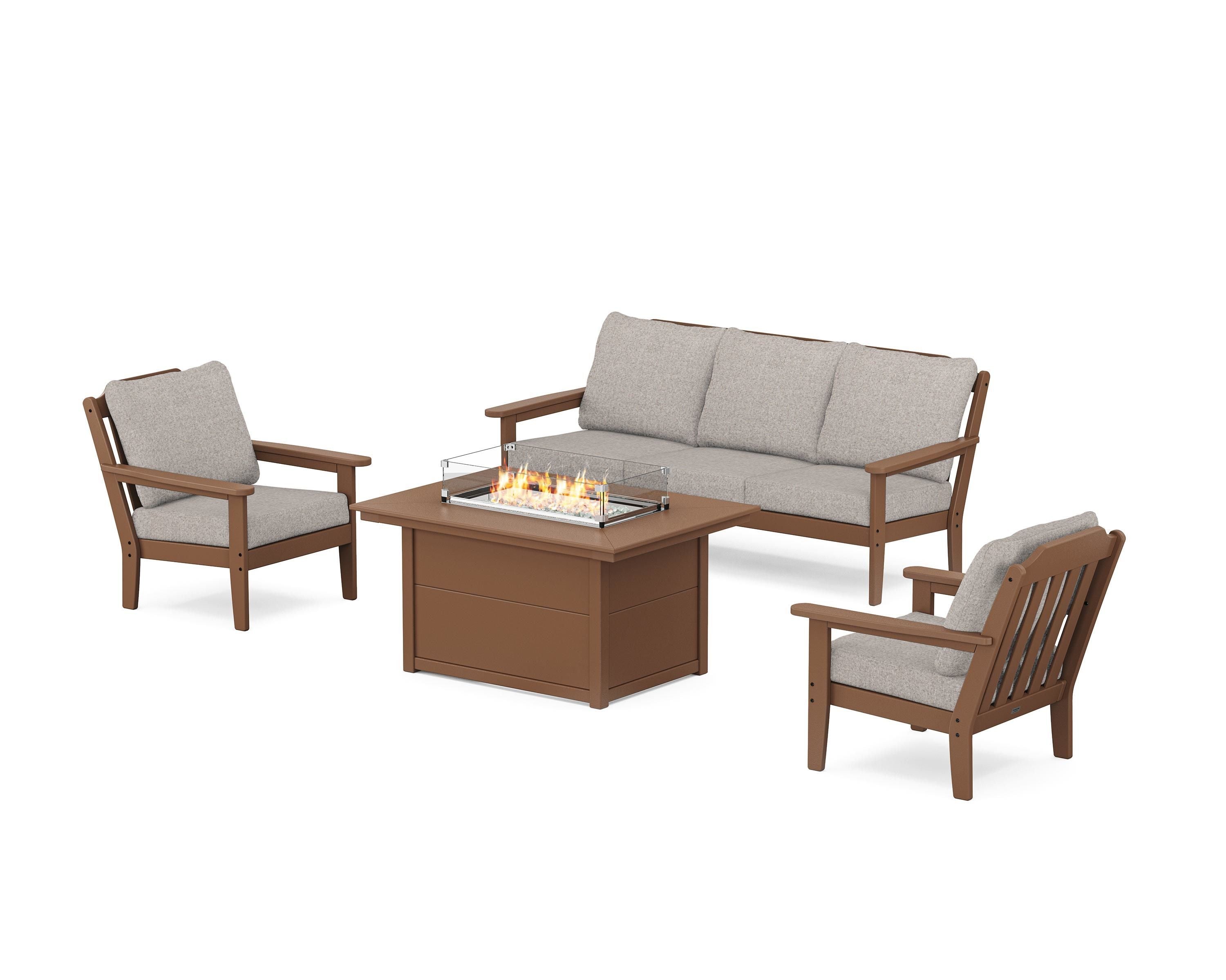 Country Living Cottage Deep Seating Fire Pit Table Set in Teak / Weathered Tweed
