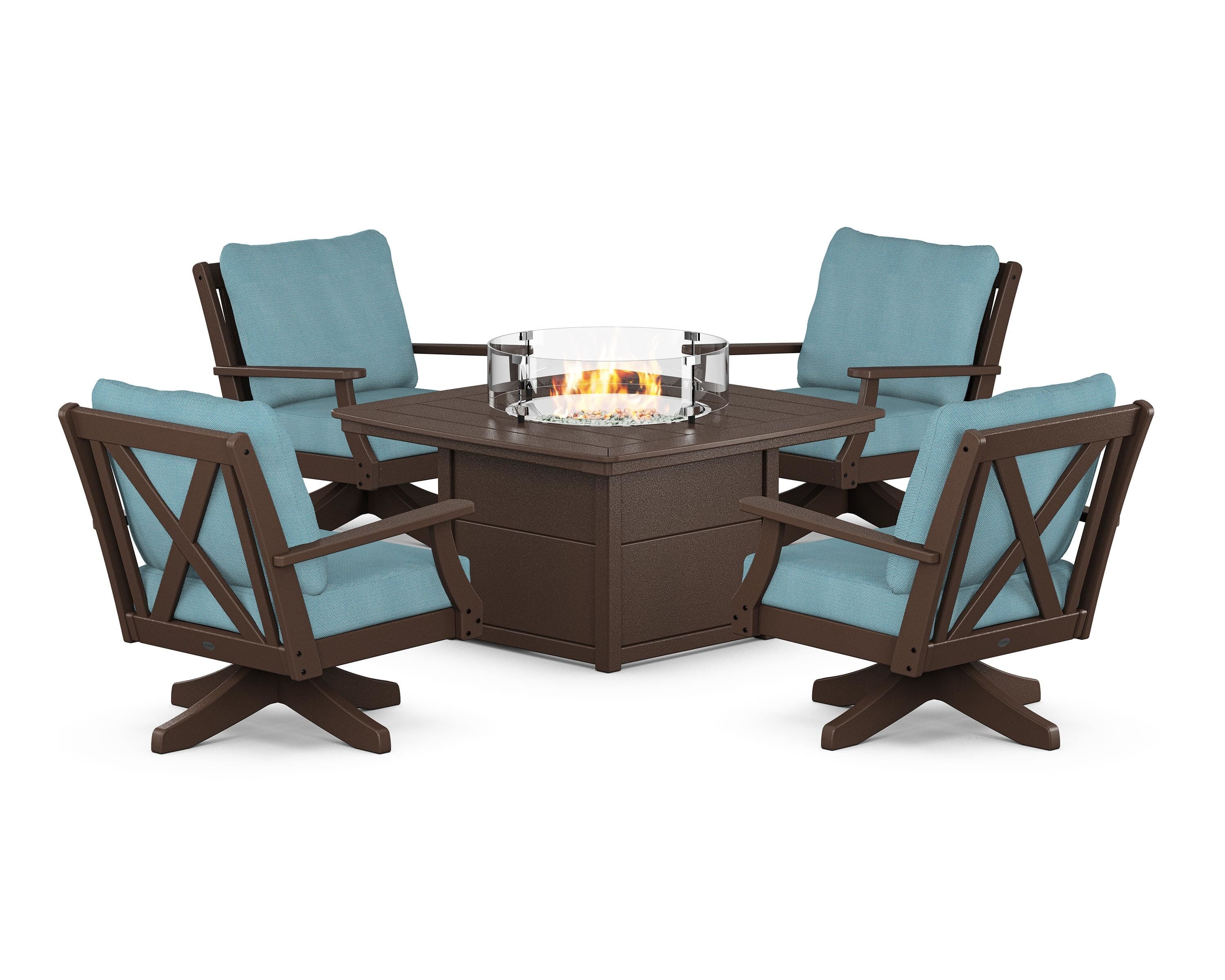 POLYWOOD Braxton 5-Piece Deep Seating Swivel Conversation Set with Fire Pit Table in Mahogany / Lattice Sky Blue