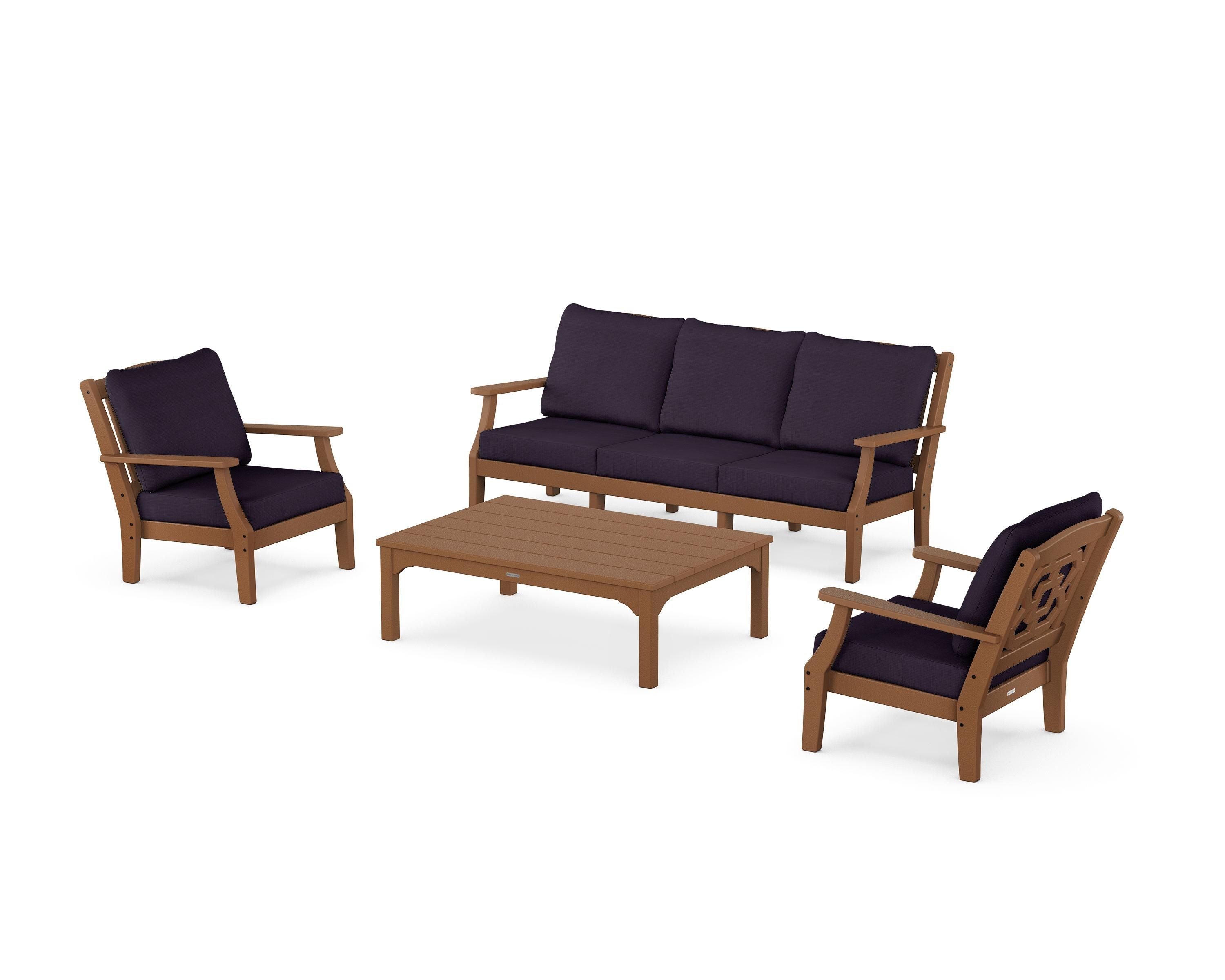 Martha Stewart by POLYWOOD Chinoiserie 4-Piece Deep Seating Set with Sofa in Teak / Navy Linen