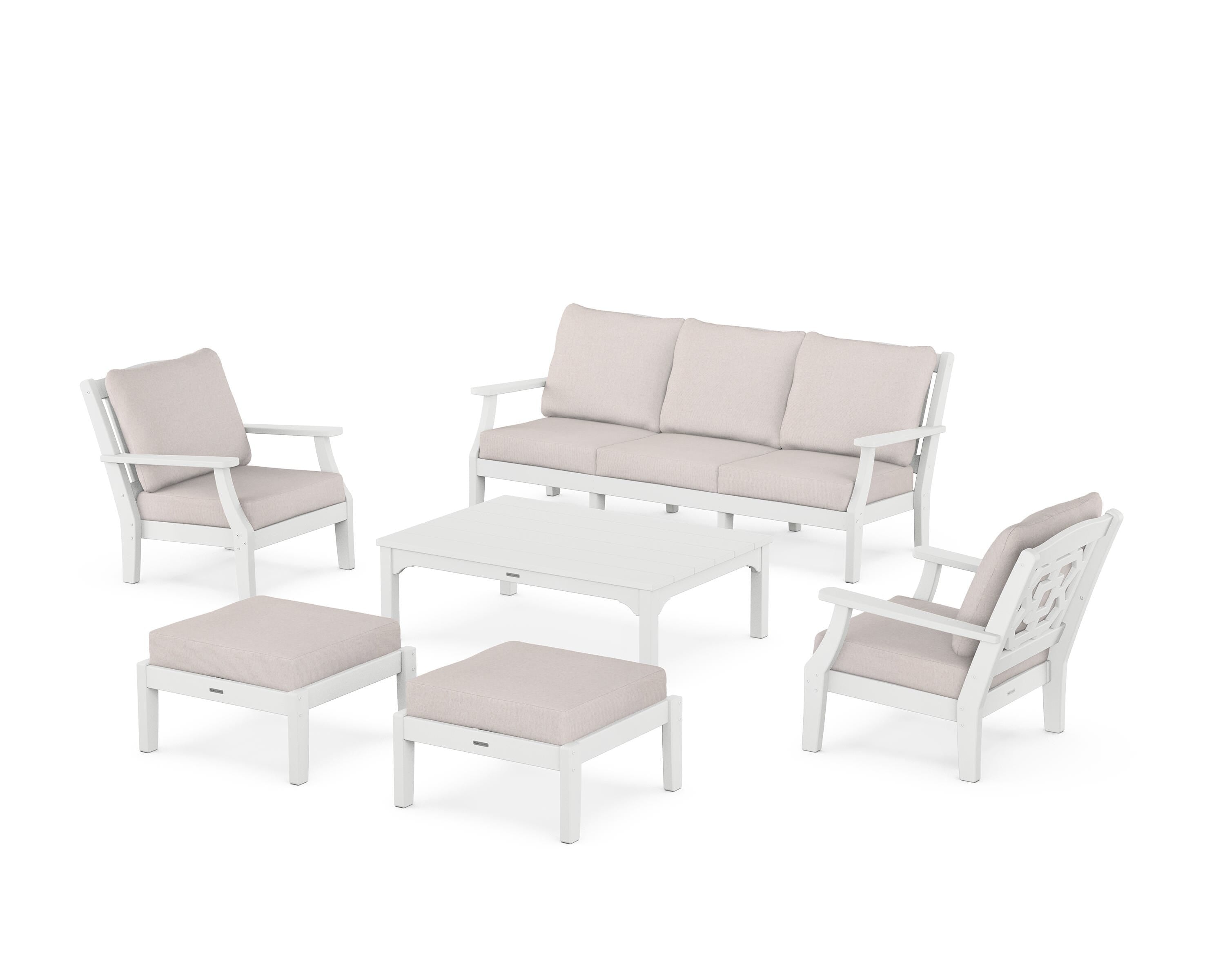 Martha Stewart by POLYWOOD Chinoiserie 6-Piece Lounge Sofa Set in White / Dune Burlap