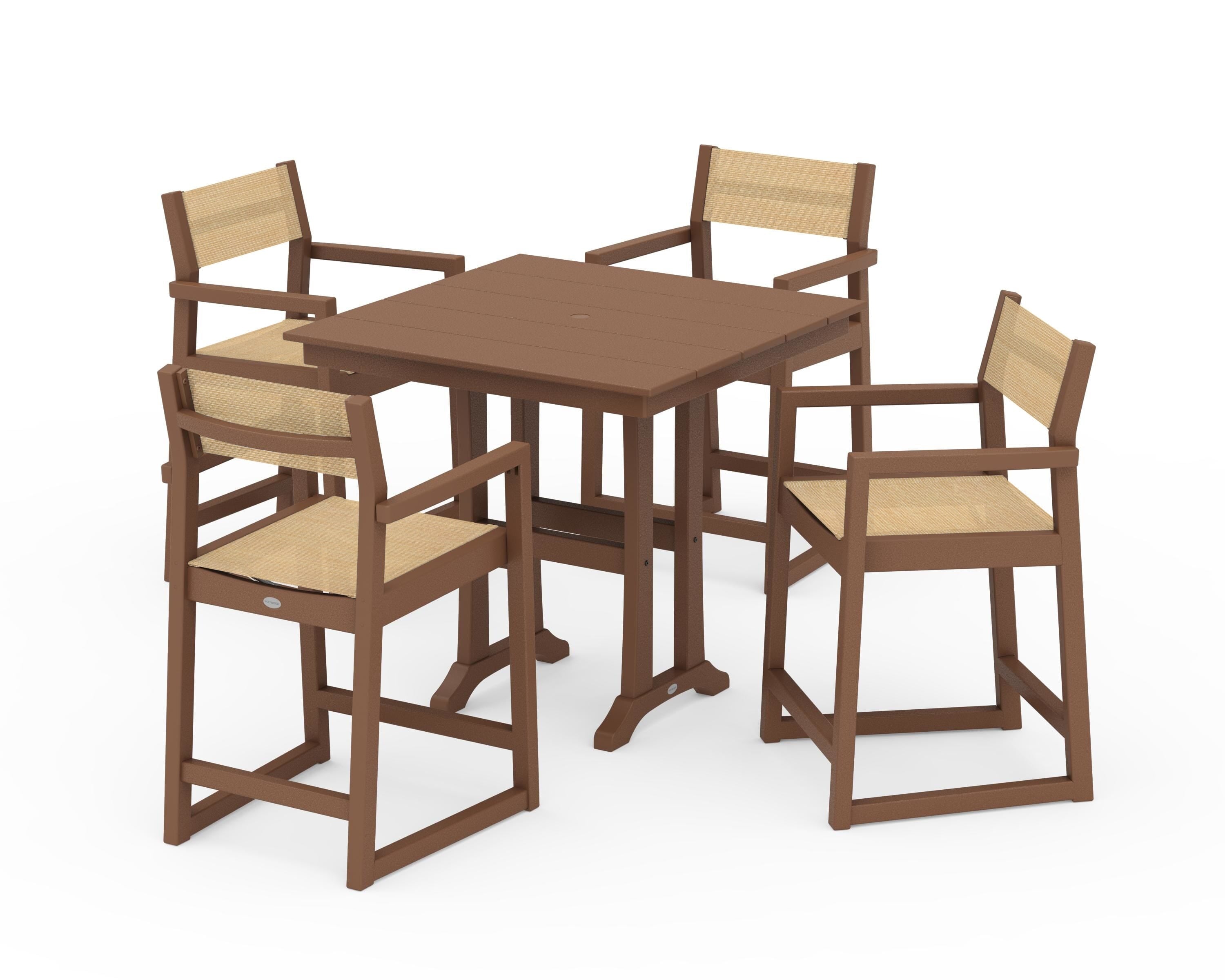 POLYWOOD EDGE Sling Arm Chair 5-Piece Farmhouse Counter Set with Trestle Legs in Teak / Dupioni Apricot Sling