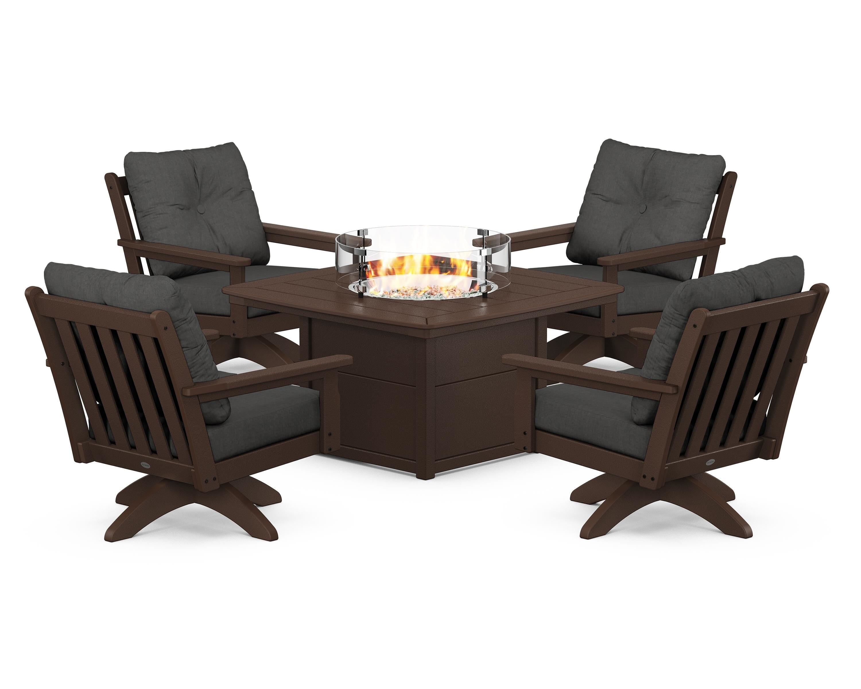 POLYWOOD Vineyard 5-Piece Deep Seating Swivel Conversation Set with Fire Pit Table in Mahogany / Spectrum Carbon