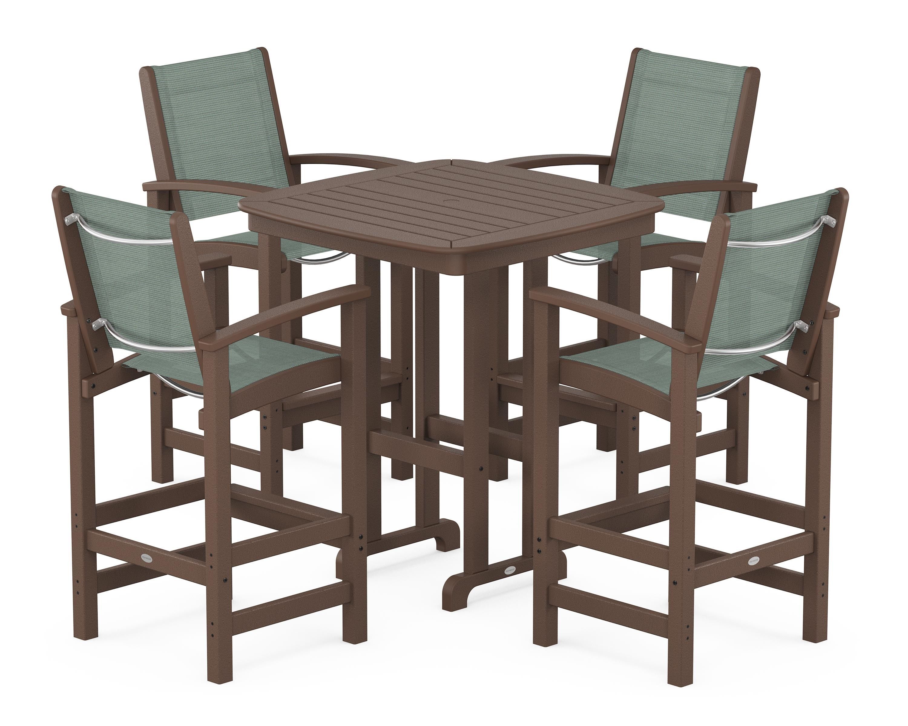 POLYWOOD Coastal 5-Piece Bar Set in Mahogany / Dupioni Sea Mist Sling