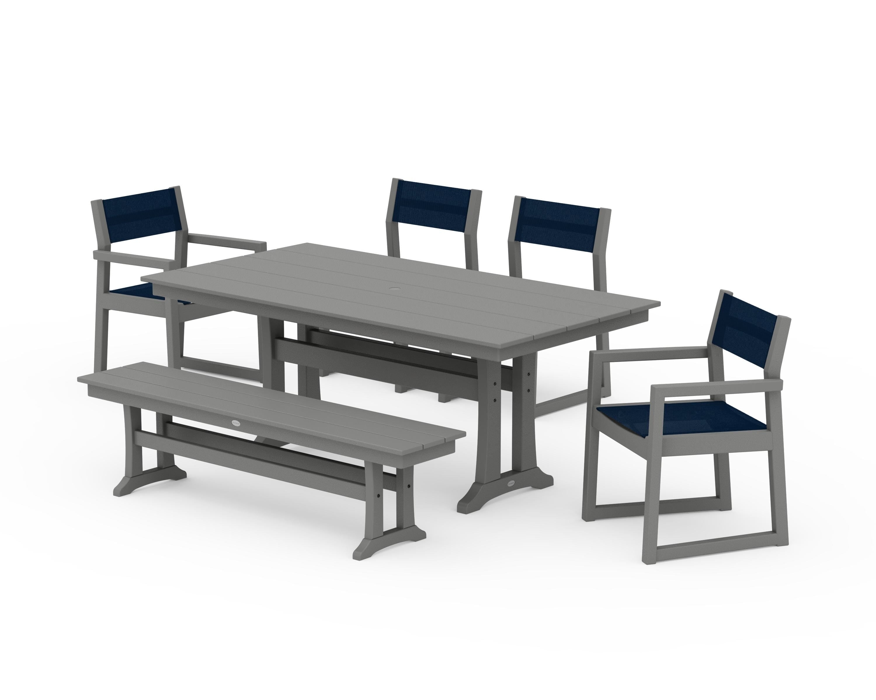 POLYWOOD EDGE Sling 6-Piece Farmhouse Dining Set With Trestle Legs in Slate Grey / Navy Blue Sling