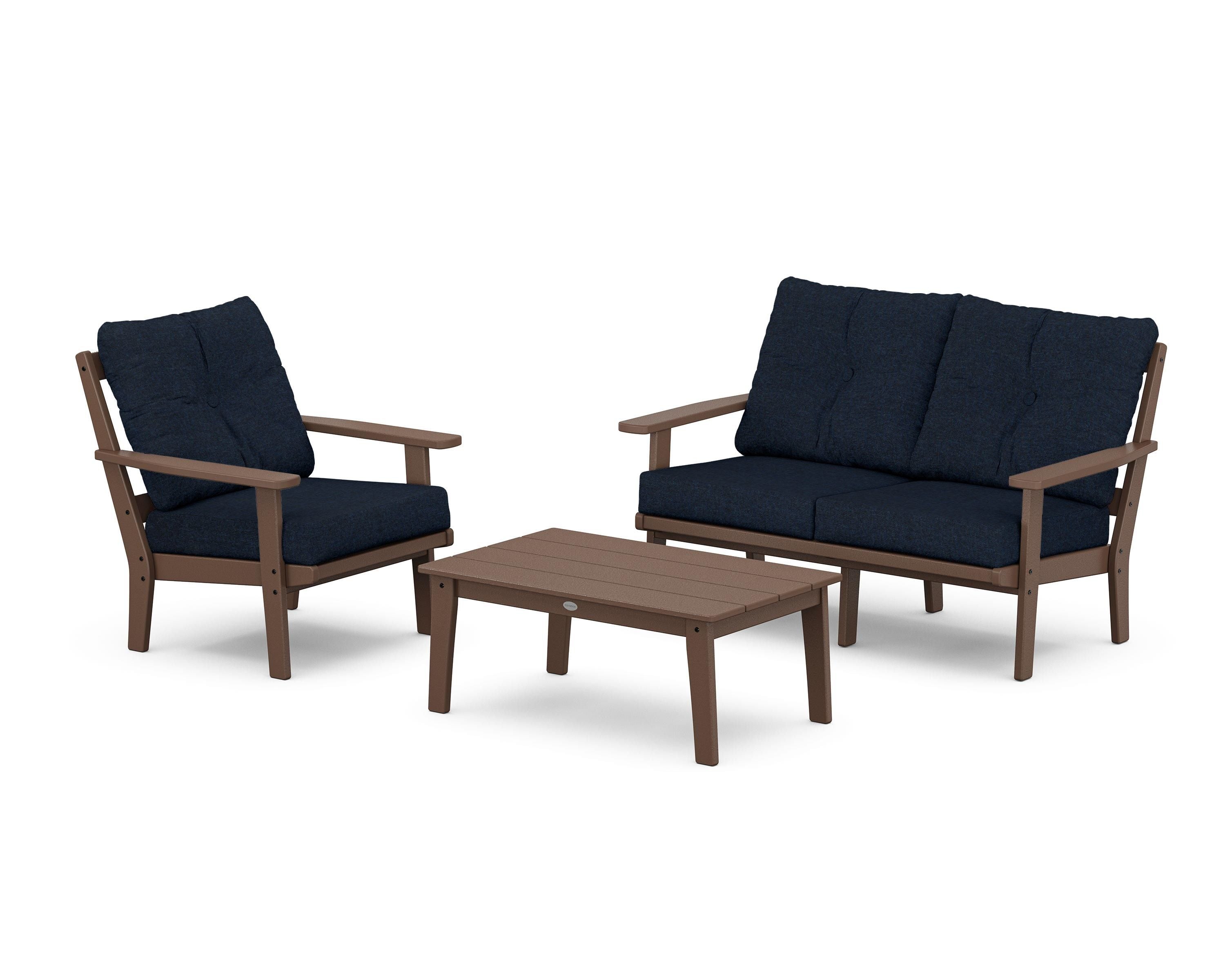 POLYWOOD Oxford 3-Piece Deep Seating Set with Loveseat in Mahogany / Marine Indigo
