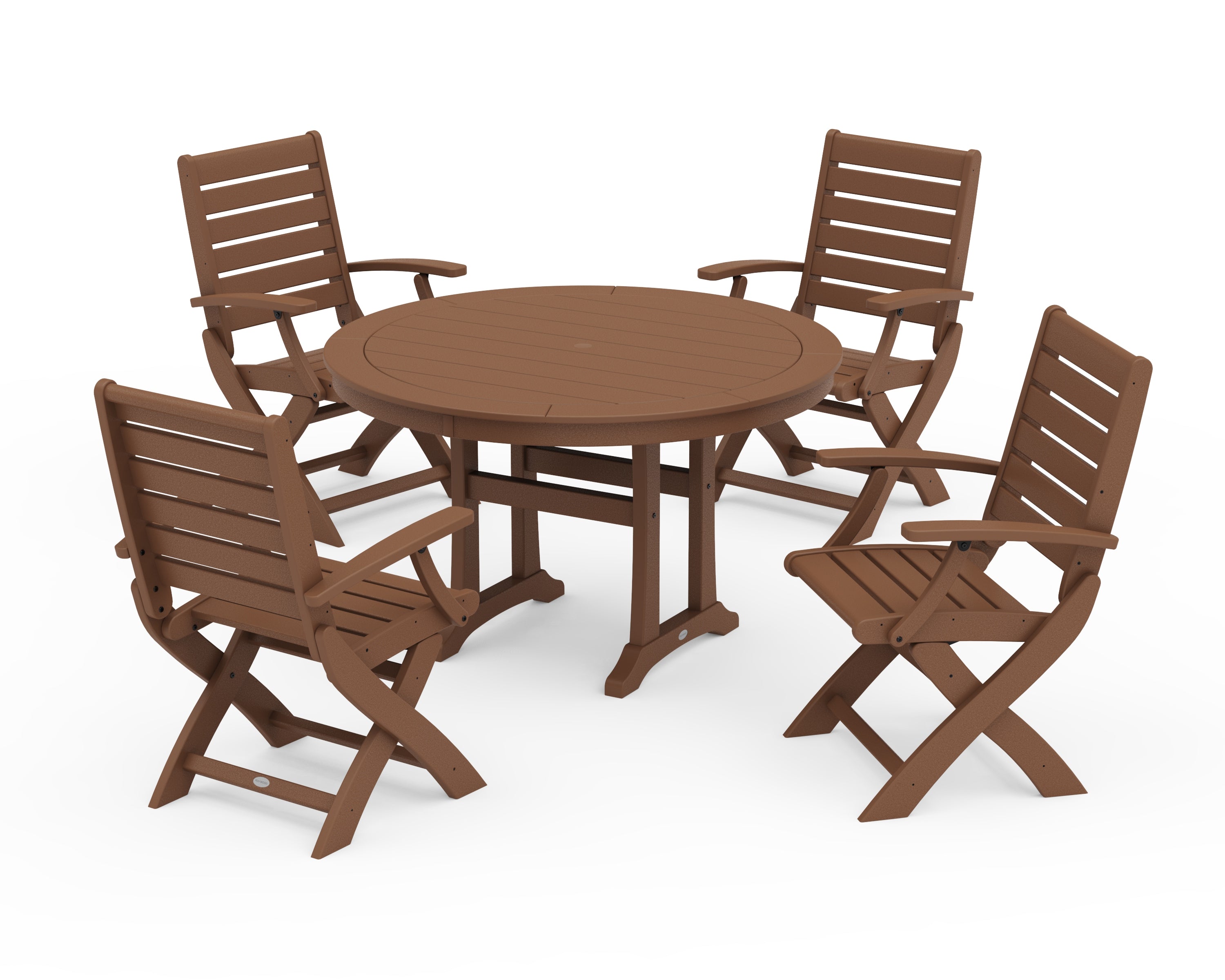 POLYWOOD Signature Folding Chair 5-Piece Round Dining Set with Trestle Legs in Teak