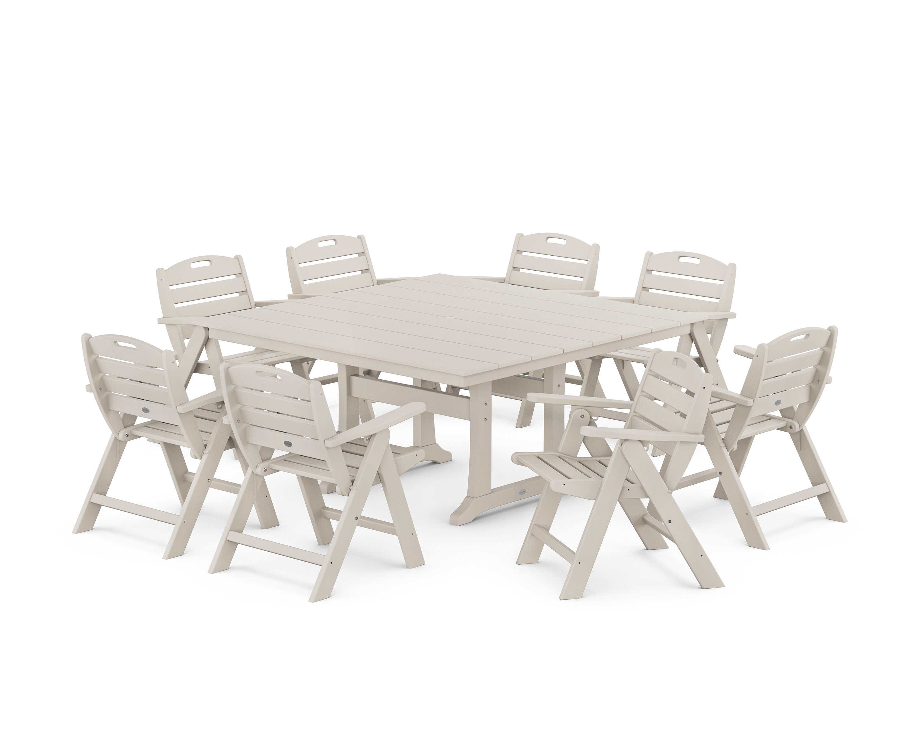 POLYWOOD Nautical Lowback 9-Piece Square Farmhouse Dining Set with Trestle Legs in Sand