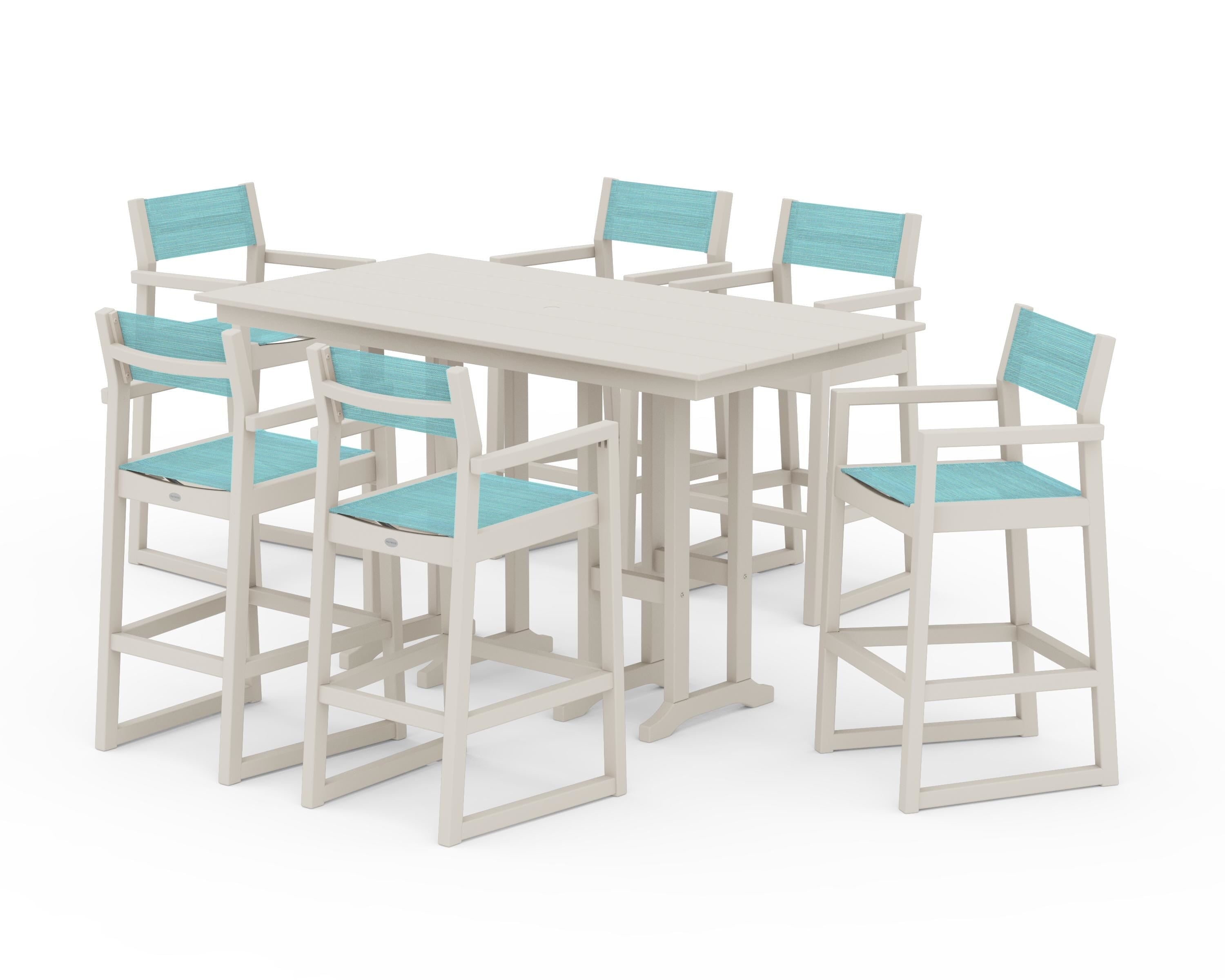 POLYWOOD EDGE Sling Arm Chair 7-Piece Farmhouse Bar Set in Sand / Dupioni Aquamarine Sling