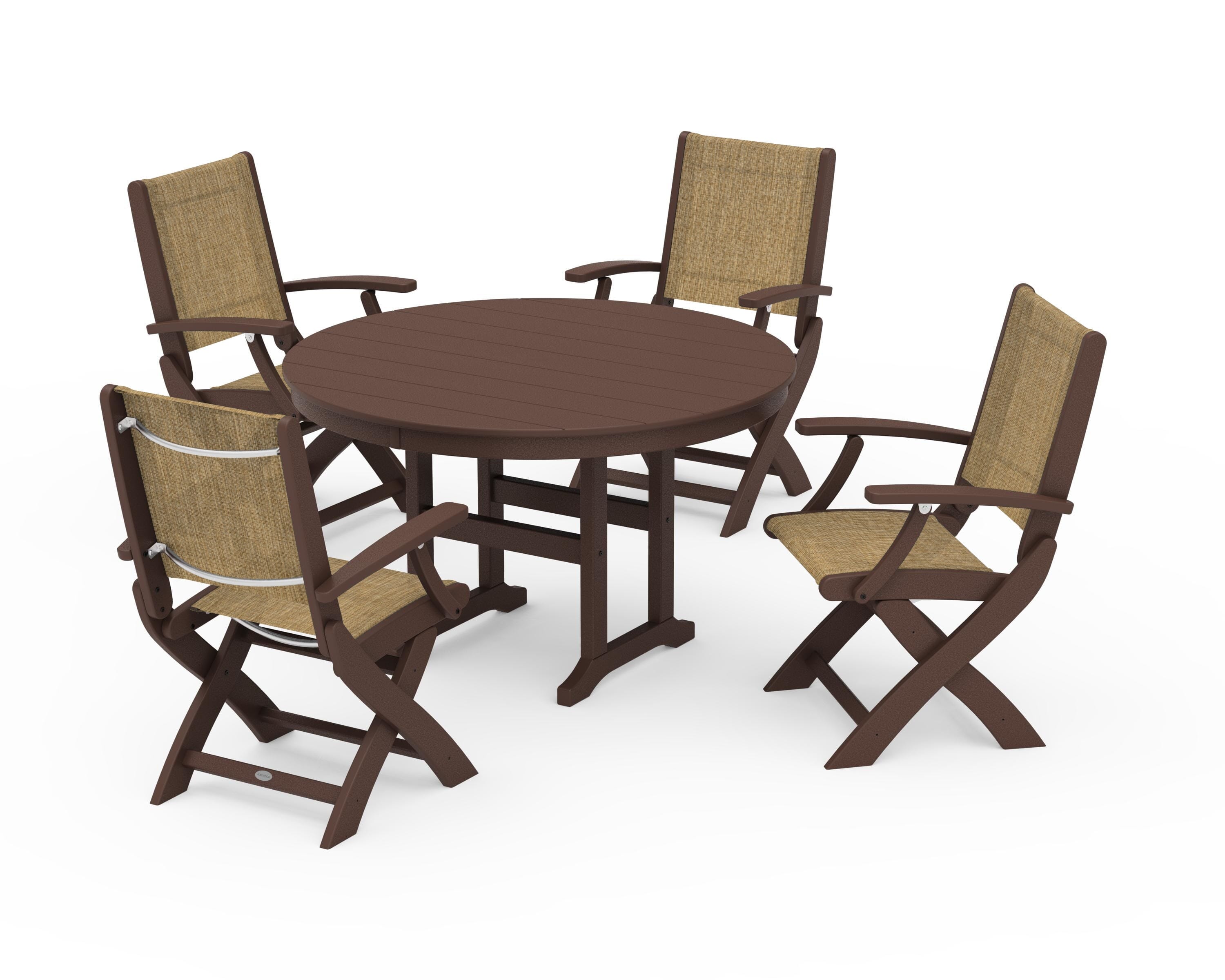 POLYWOOD Coastal Folding Chair 5-Piece Round Dining Set in Mahogany / Burlap Sling