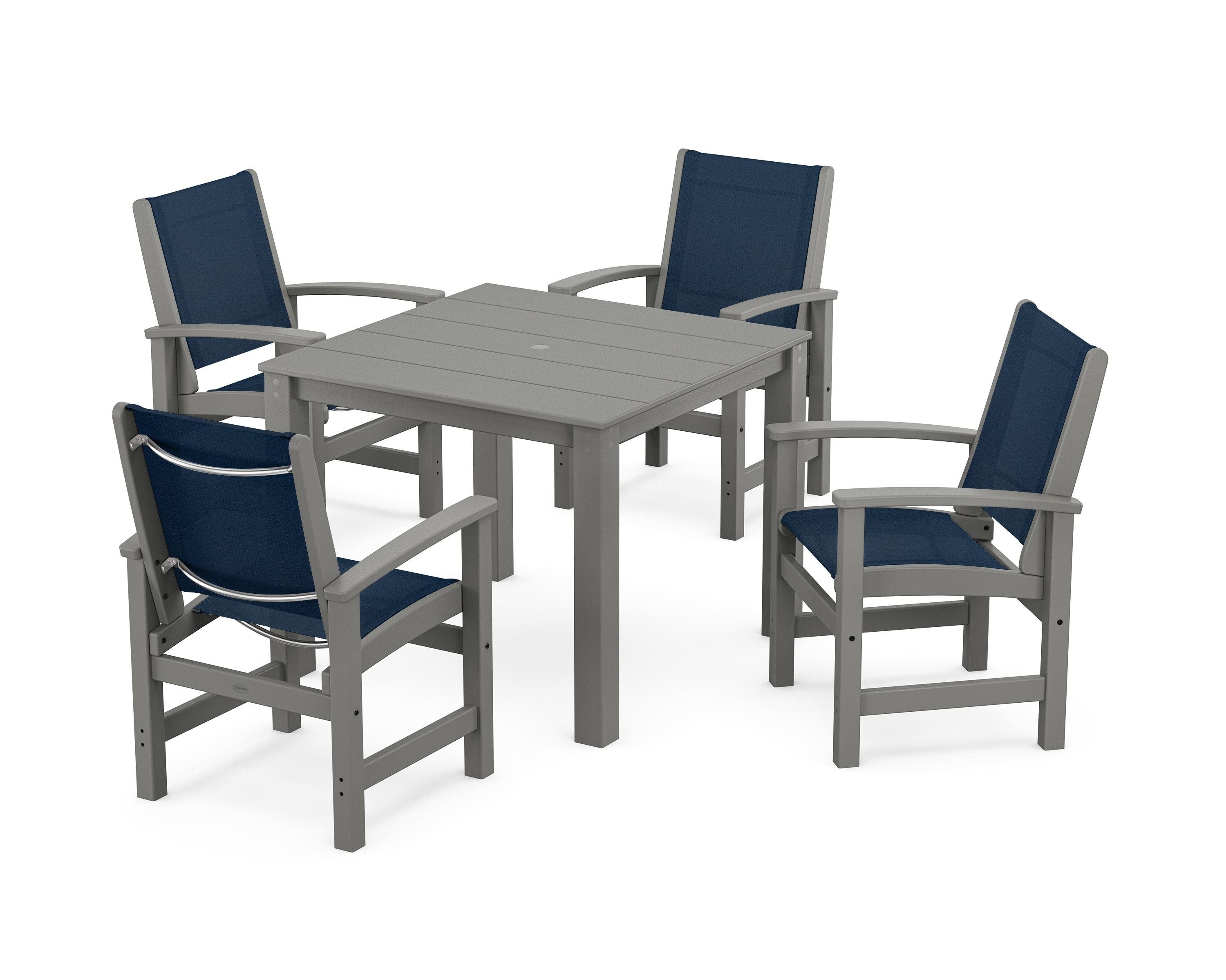 POLYWOOD Coastal 5-Piece Parsons Dining Set in Slate Grey / Navy Blue Sling