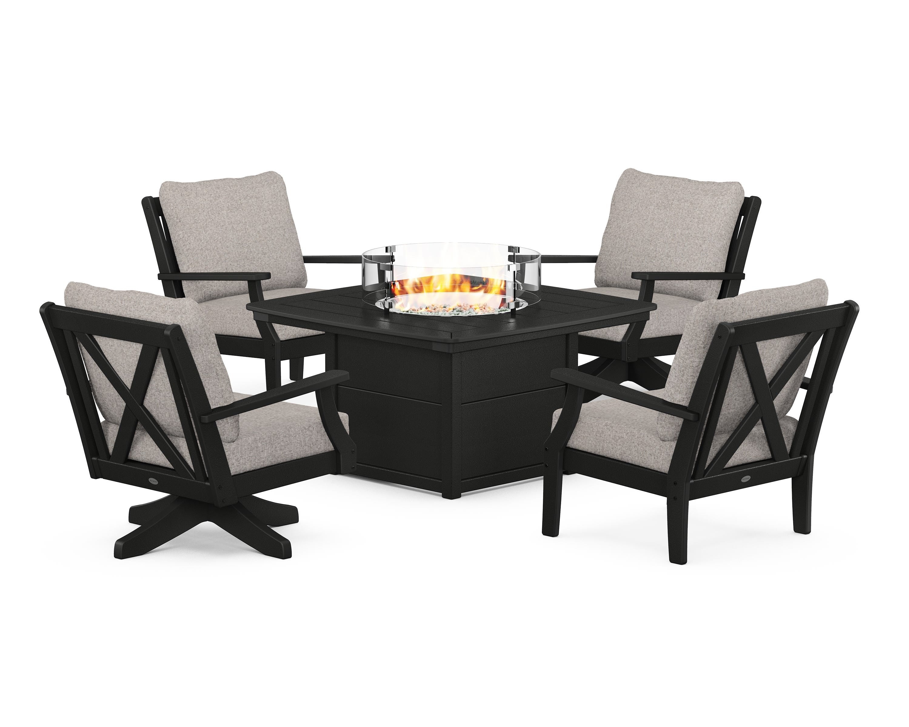 POLYWOOD Braxton 5-Piece Deep Seating Set with Fire Table in Black / Weathered Tweed