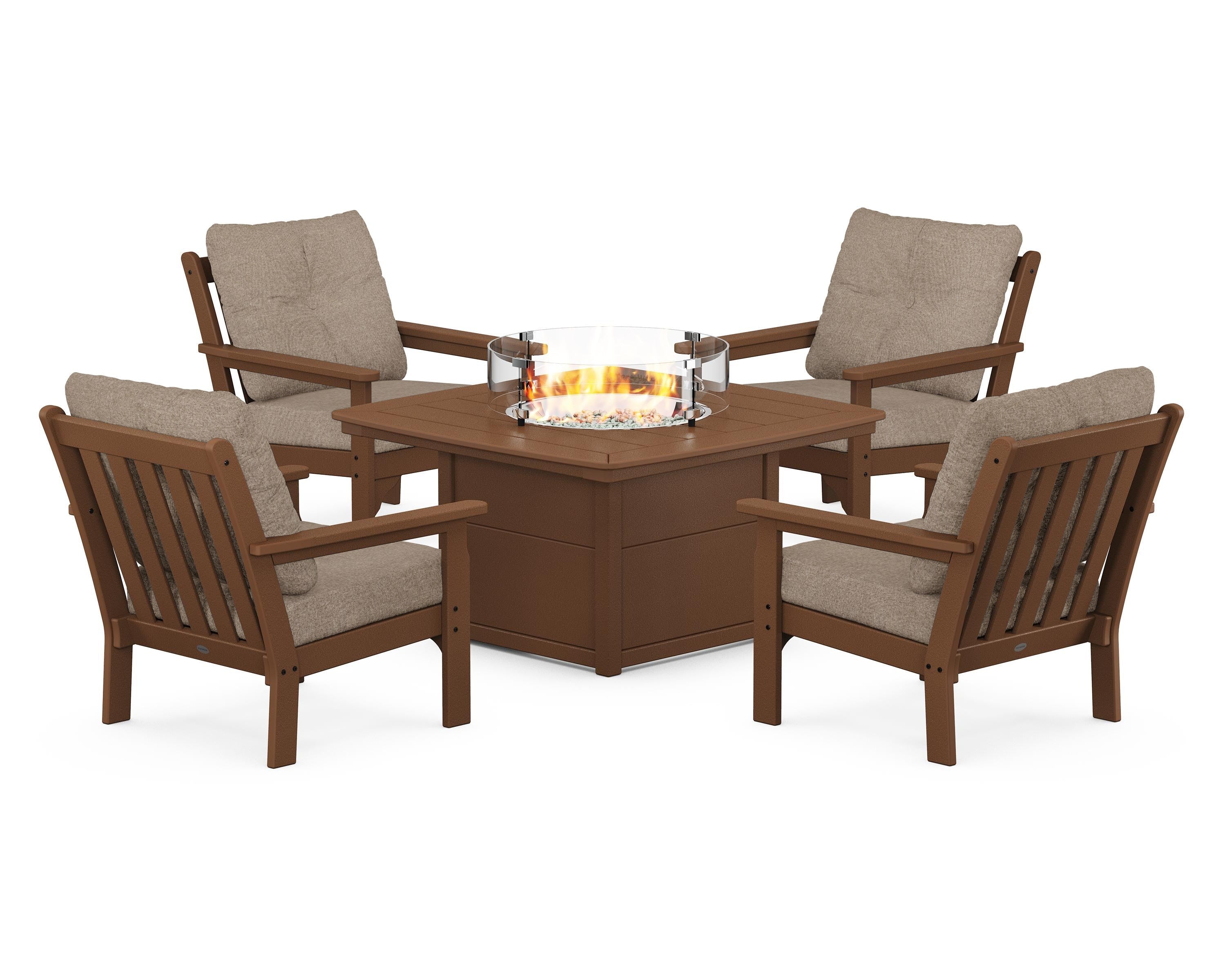 POLYWOOD Vineyard 5-Piece Conversation Set with Fire Pit Table in Teak / Spiced Burlap