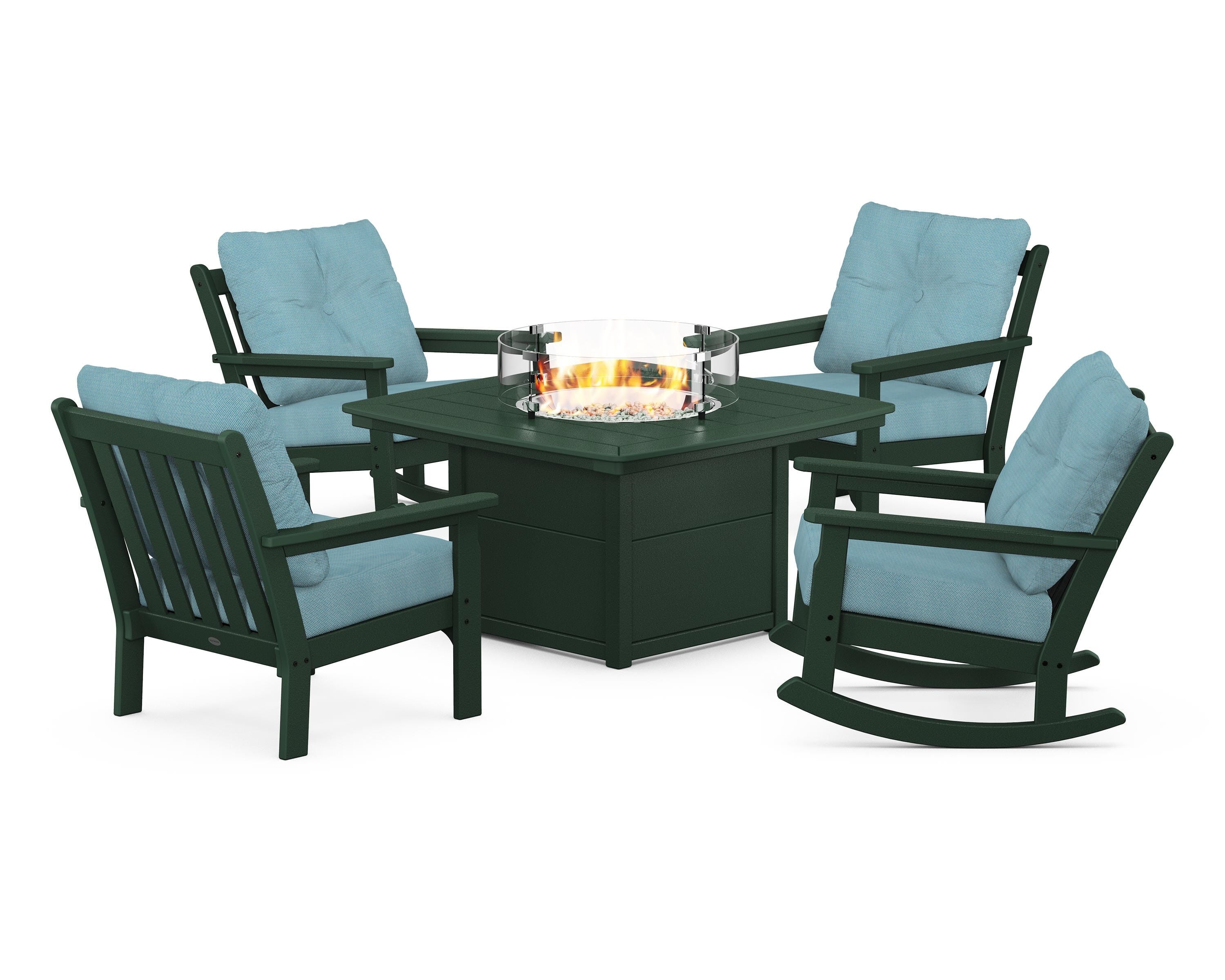 POLYWOOD Vineyard 5-Piece Deep Seating Rocking Chair Conversation Set with Fire Pit Table in Green / Lattice Sky Blue