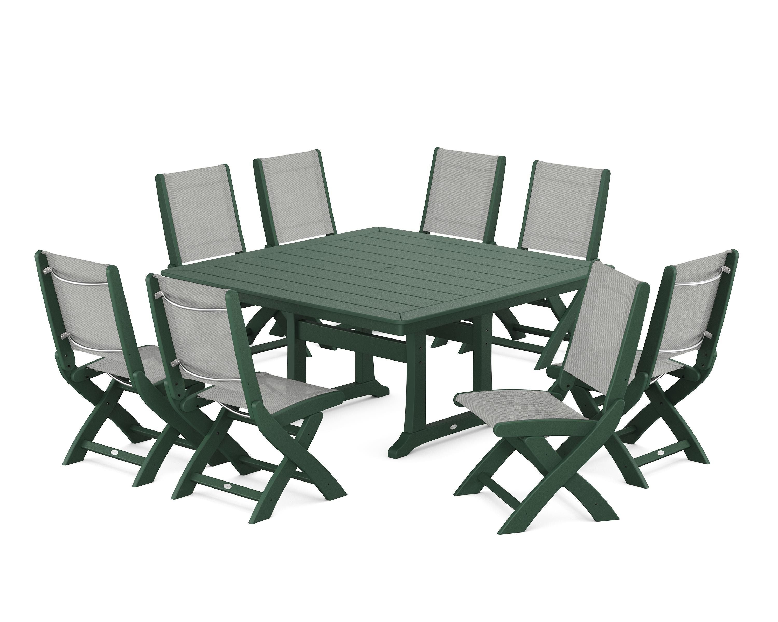 POLYWOOD Coastal Folding Side Chair 9-Piece Dining Set with Trestle Legs in Green / Metallic Sling